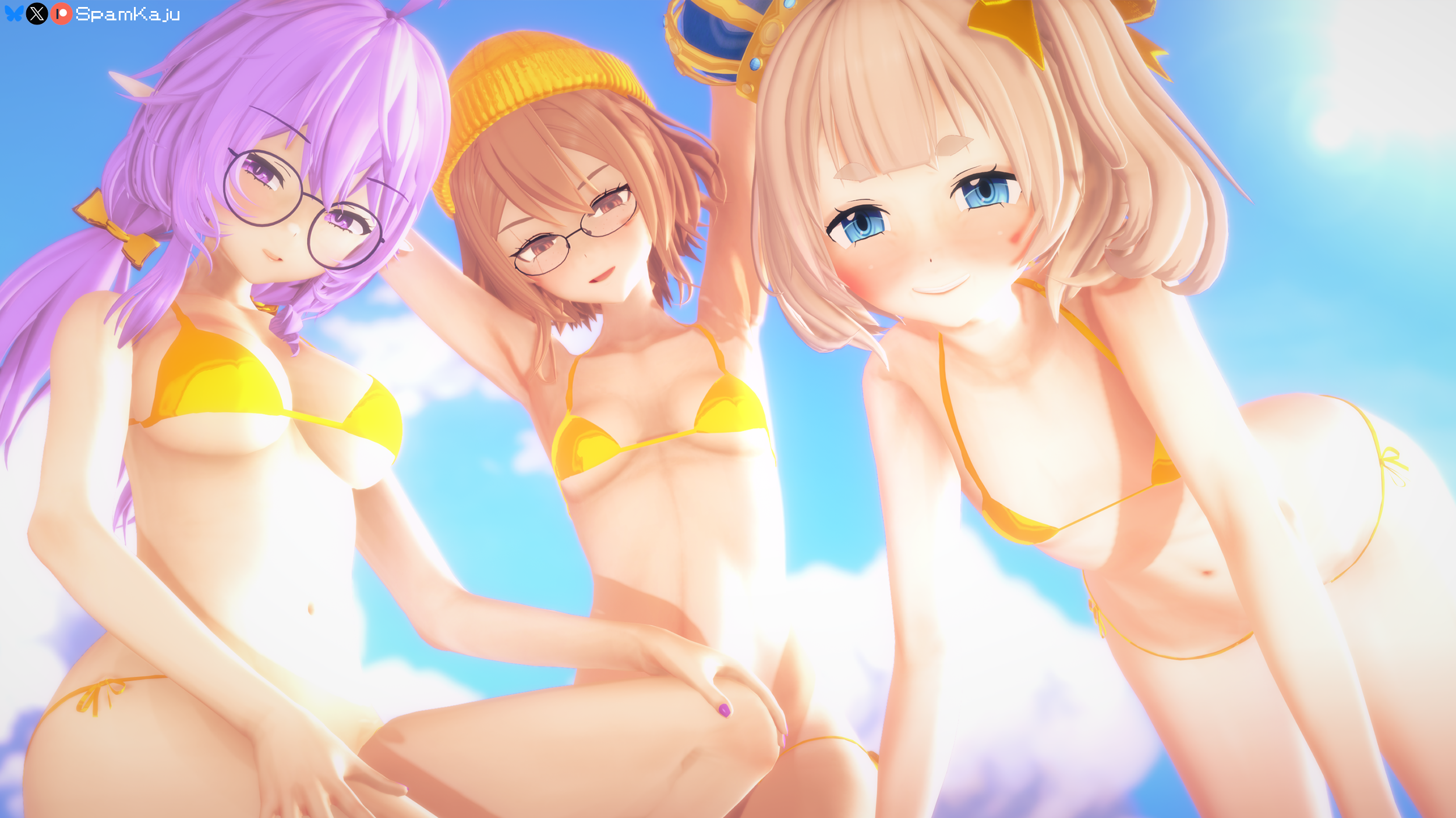3d, 3girls, armpits, arms up, ass, beach, bikini, blonde hair, blue eyes, blue sky, bow ribbon, breasts, brown eyes, brown hair, clio aite, cloud, crown, eepy sleepy, female, female only, flat chest, glasses, gold bikini, height difference, large breasts, legs, looking at viewer, looking down, marimari en, on knees, open mouth, outside, phase connect, phase invaders quest, pointy ears, purple eyes, purple hair, ribbon, scar, short hair, sidelocks, small breasts, smile, spamkaju, thick, thick thighs, thighs, trio, twintails, virtual youtuber, vtuber