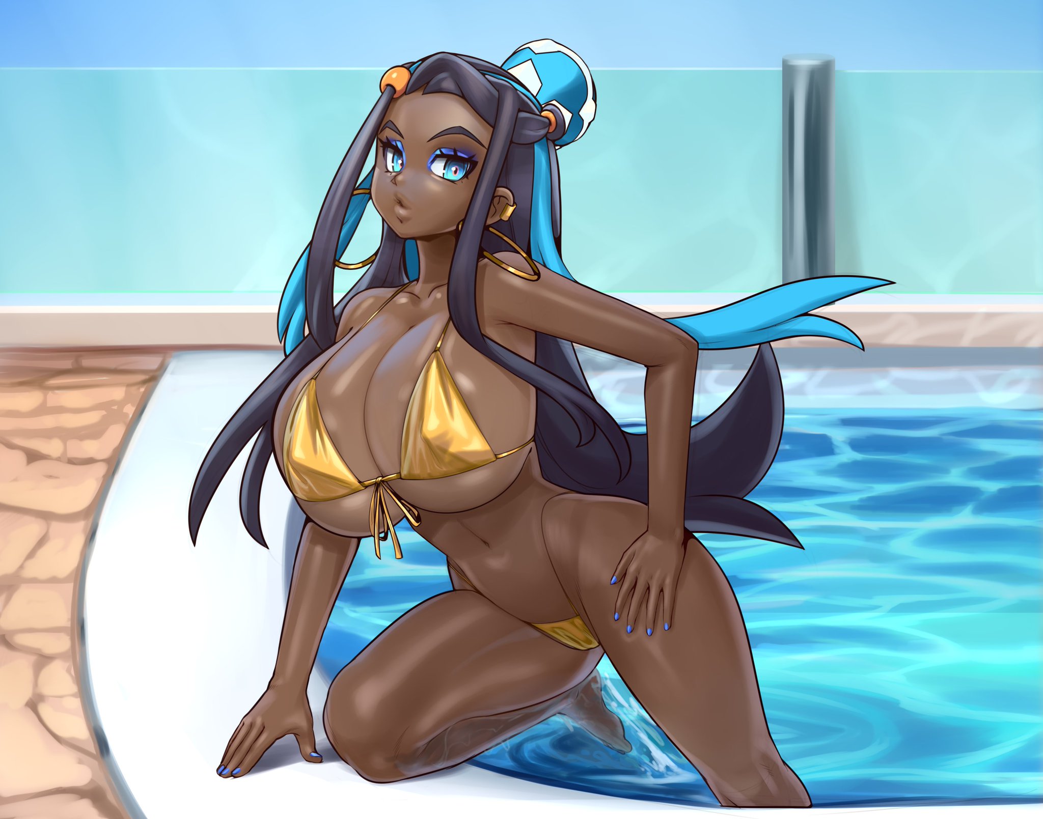 1girls, alternate breast size, belly button, big breasts, bikini, bikini bottom, bikini top, blue eyes, blue hair, blue makeup, blue nail polish, blue nails, breasts, breasts bigger than head, camel toe, cameltoe, collarbone, cyan eyes, cyan hair, earring, earrings, female, female only, getting out of pool, gold bikini, golden bikini, golden bikini bottom, golden bikini top, golden earrings, golden week, hoop earrings, hoop earrings oversized, large breasts, long hair, makeup, mystical, nessa (pokemon), nipple bulge, nipple outline, nipples, nipples visible through clothing, oversized hoop earrings, plantpenetrator, pokemon, pokemon ss, pussy, rurina (pokemon), solo, thick thighs, thighs, water