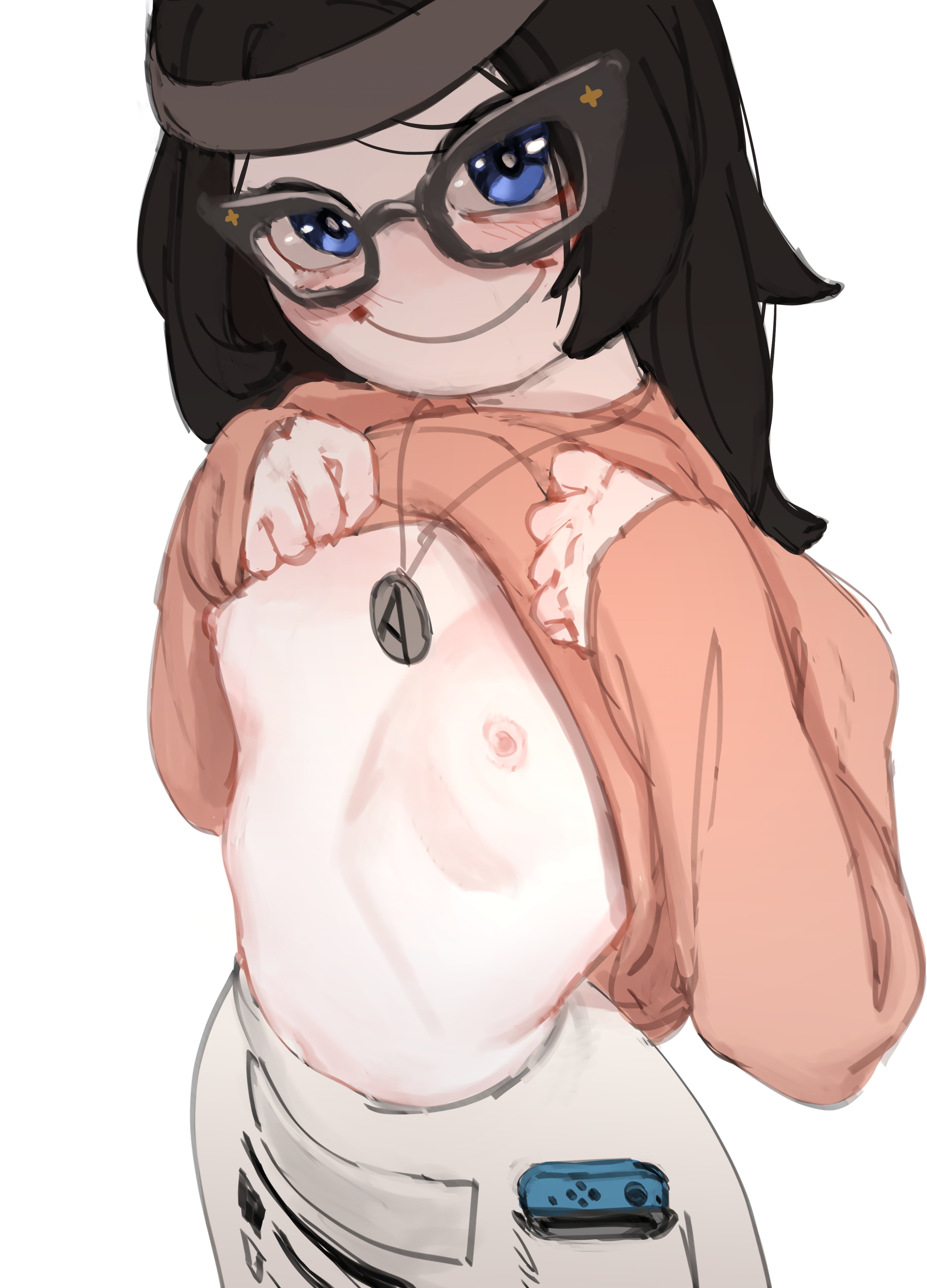 black hair, blue eyes, blush, breasts, female, flat chest, glasses, lifting shirt, looking at viewer, nipples, pink nipples, small breasts, smiley face, soyjak, soyjak.party, soytan, wassnonnam