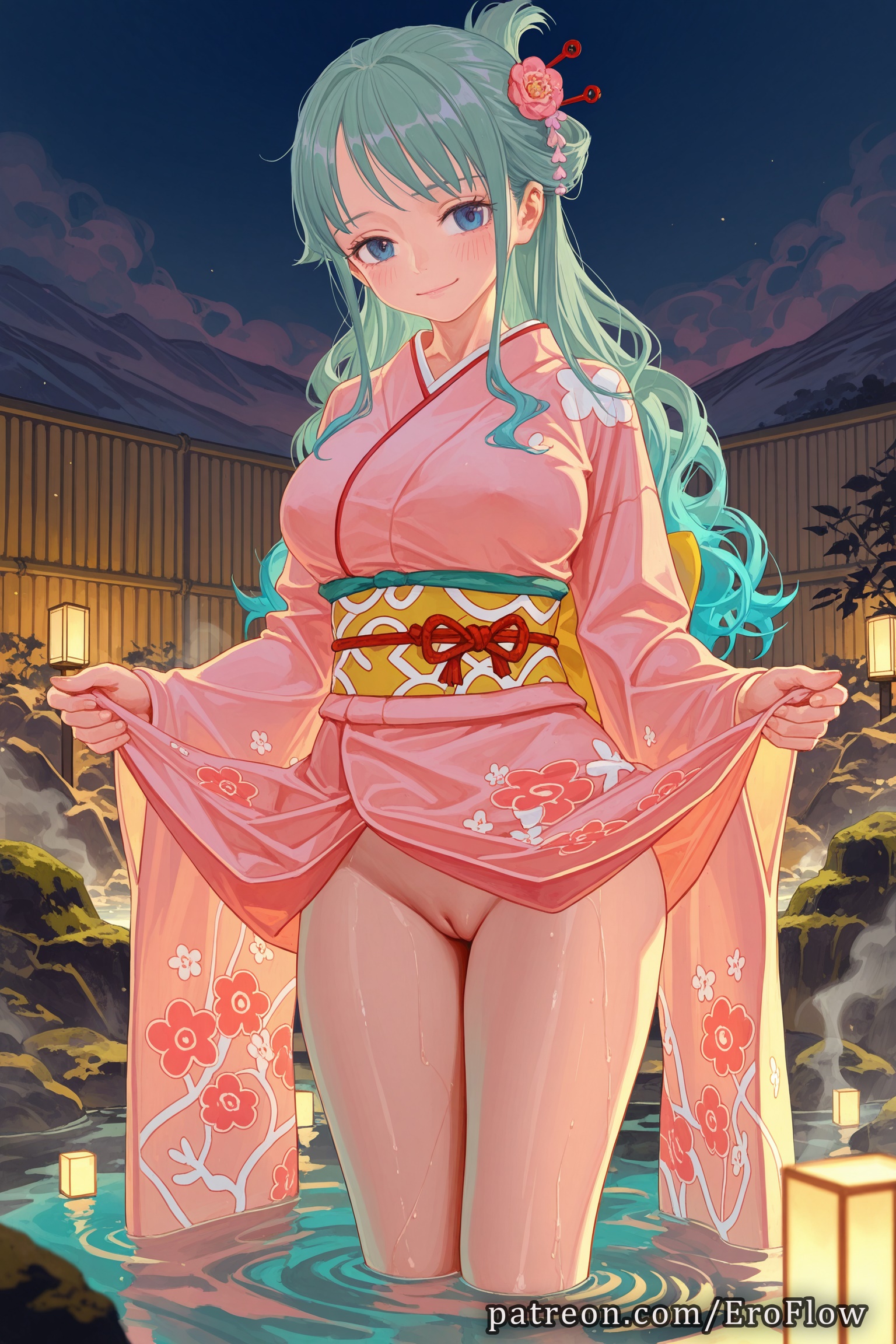 1girls, 2025, ai generated, aqua hair, bangs, blue eyes, blush, breasts, closed mouth, clothes lift, clothing, eroflow, female, female only, floral print, flower, green hair, green-haired female, hair flower, hair ornament, hi res, highres, japanese clothes, kimono, kimono lift, komurasaki, kozuki hiyori, large breasts, lifted by self, long hair, long sleeves, looking at viewer, night, night sky, no panties, obi, one piece, onsen, outdoors, patreon, pink kimono, pussy, sash, sky, smile, solo, standing, uncensored, vagina, voluptuous, voluptuous female, wafuku, water, wet, wide sleeves