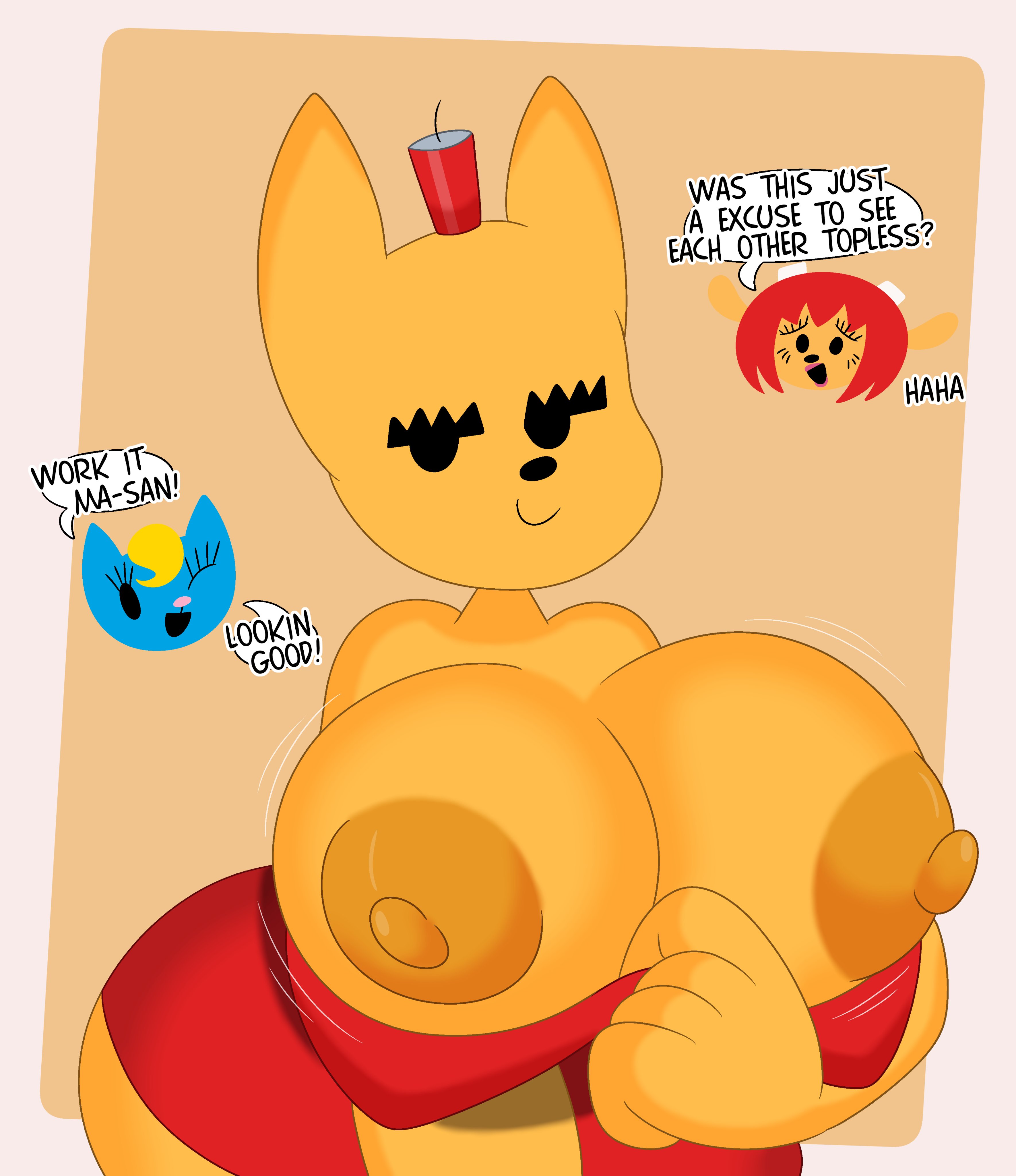 3barts, 3girls, areola, areolae, big breasts, breasts, embarrassed, embarrassed female, exhibitionism, female, happy, katy kat, lammy lamb, ma-san, milkcan (band), nipples, no bra, nude, nude female, parappa the rapper, shirtless, um jammer lammy