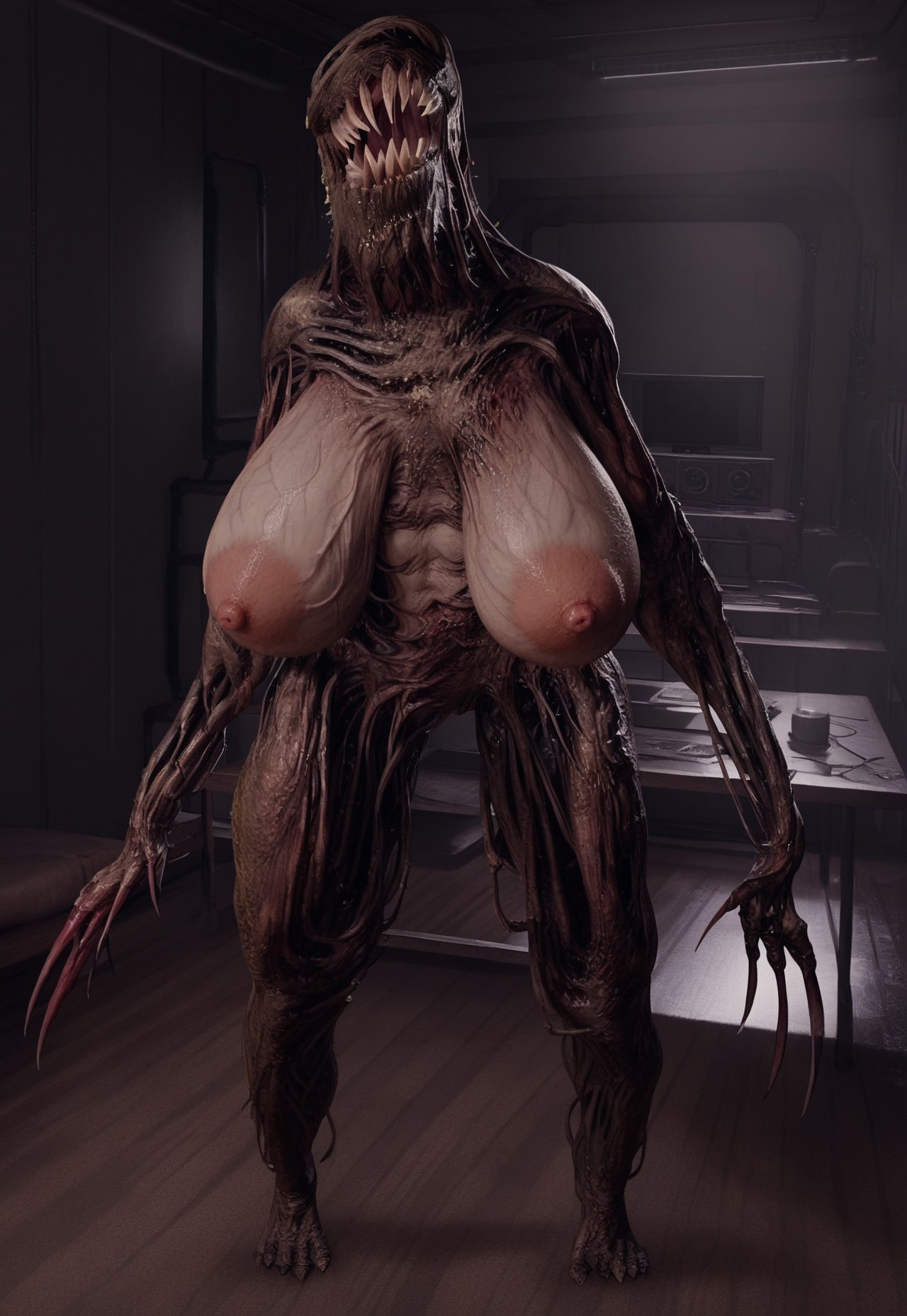 1girls, ai generated, areola, areolae, big areola, big areolae, big breasts, breasts, breasts apart, claws, eyeless, female, female focus, female only, huge breasts, molded (resident evil), monster, monster girl, moss, nightmare waifu, nipples, resident evil, resident evil 7, sagging breasts, sharp teeth, solo, teratophilia, unknown artist, vein, veins, veiny breasts