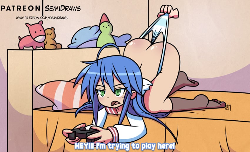 1girls, annoyed, ass, ass cleavage, ass crack, ass up, blue hair, butt crack, butt in air, controller, detailed background, dialogue, english, english text, female, green eyes, kneehighs, kneeling on bed, konata izumi, long hair, long sleeves, lucky star, no pants, no shoes, panties, pantyhose, playing videogame, ryouou school uniform, schoolgirl, semidraws, shimapan, socks, striped panties, text, top-down bottom-up, wedgie