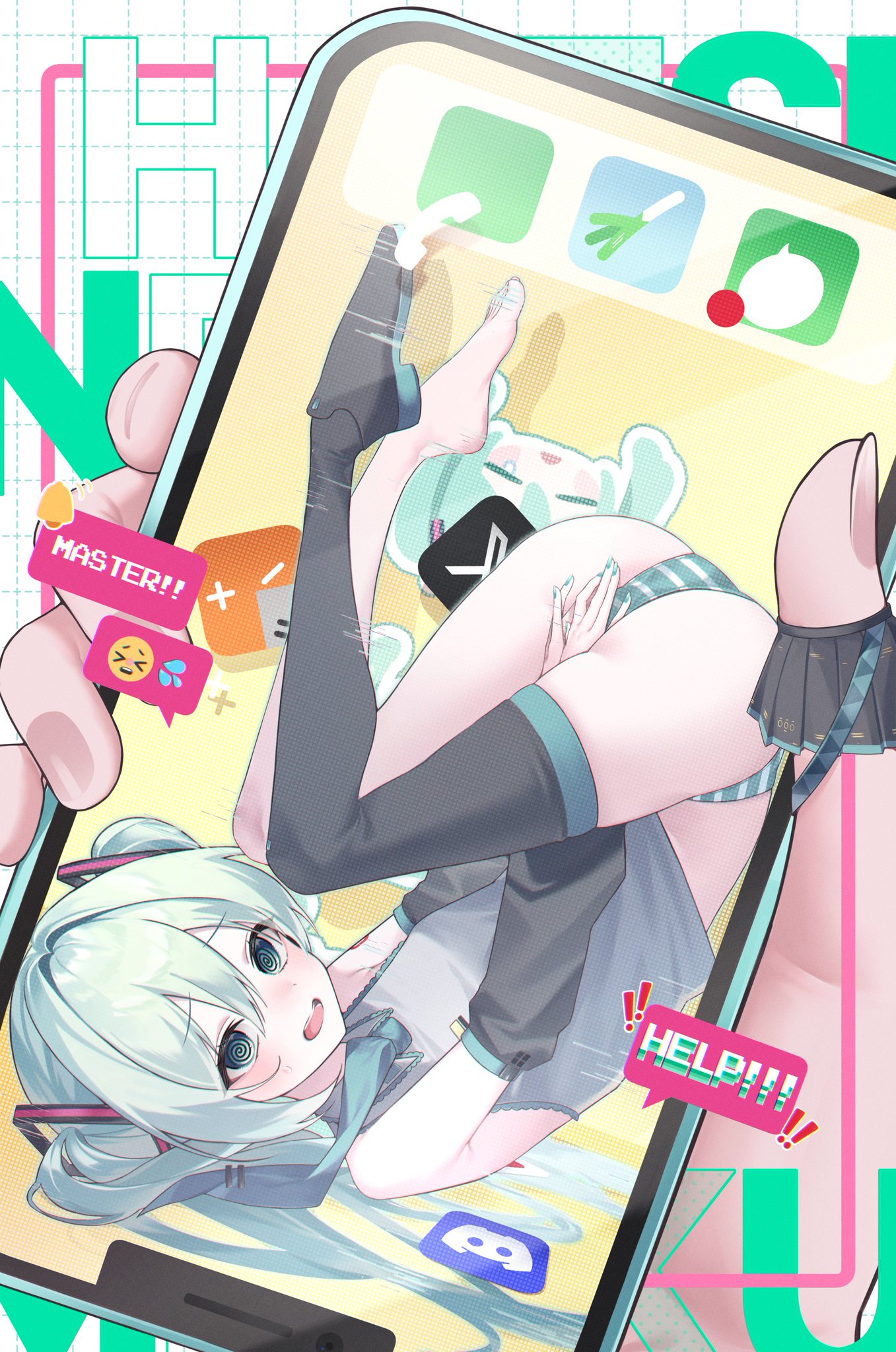 1girl, aqua eyes, aqua hair, aqua nails, aqua necktie, bangs, bare shoulders, barefoot, black skirt, black thighhighs, blue eyes, blue hair, blush, boots, cellphone, collared shirt, detached sleeves, dizzy eyes, embarrassed, feet, female, female only, fingering, grey shirt, hair between eyes, hair ornament, hatsune miku, holding, holding phone, long hair, looking at viewer, lying, masturbation, masturbation through clothing, nail polish, necktie, open mouth, panties, phone, shirt, skirt, sleeveless, sleeveless shirt, smartphone, solo, striped, striped panties, thigh boots, thighhighs, toes, trapped, twintails, underwear, upside-down, vocaloid