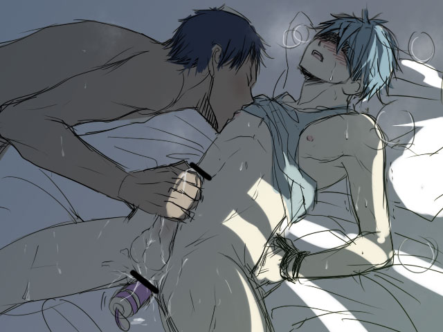 arms_up blindfold bound censored daiki_aomine dildo dildo_in_ass kuroko's_basketball kuroko_no_basuke male_only sucking_male_nipple sucking_nipples tagme tetsuya_kuroko yaoi