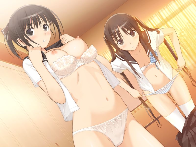 2girls bra breasts fault!! female female_only game_cg multiple_girls nipples oppai panties pettanko saeki_ai school_uniform striped striped_panties sugiyama_mio taka_tony tied_hair twintails undressing white_bra white_panties