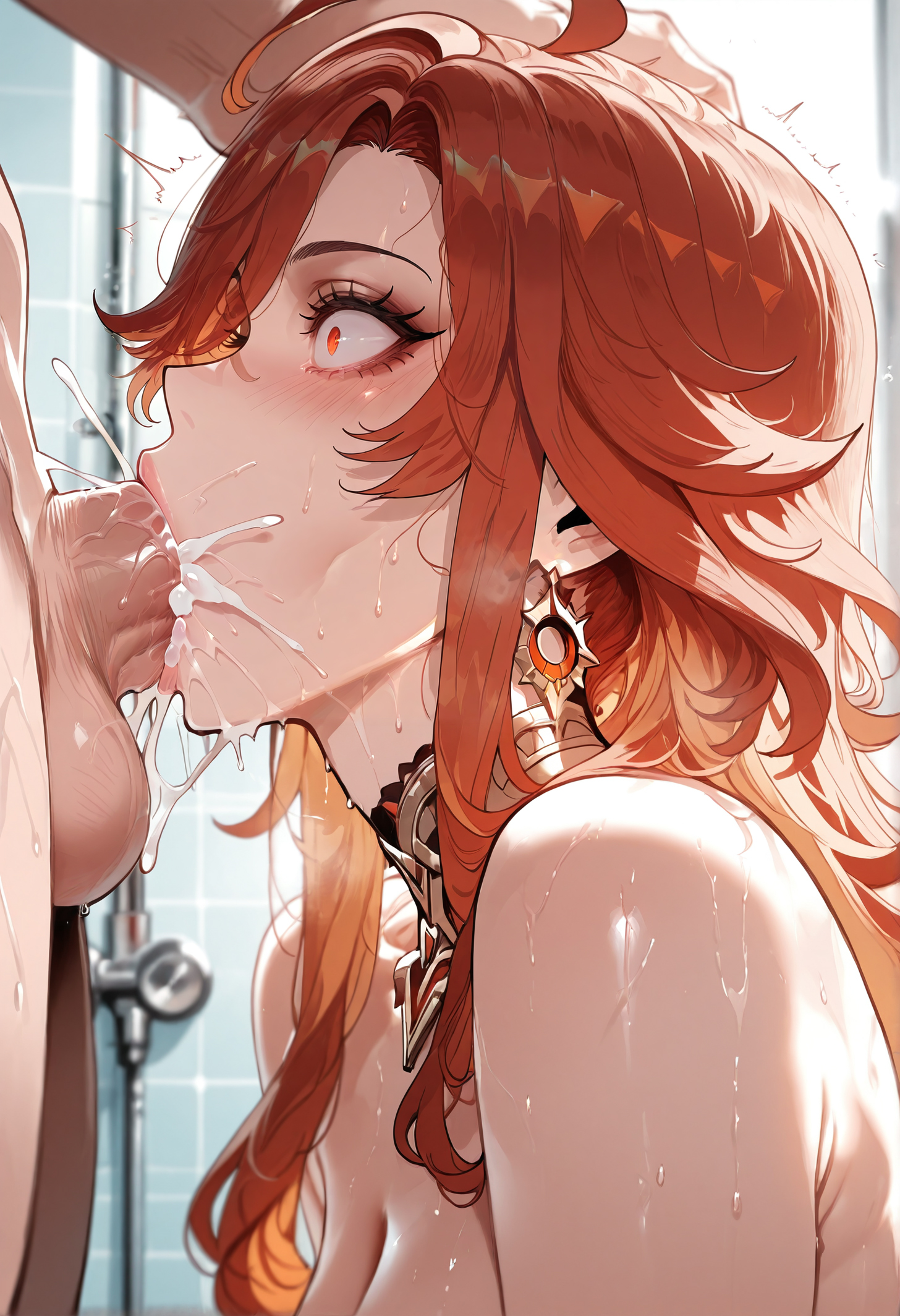 1boy, 1girls, aether (genshin impact), ahoge, ai generated, balls, bangs, bare shoulders, blush, choker, cleavage, clothing, completely nude, cum, cum in mouth, cum overflow, deepthroat, detached collar, earrings, ejaculation, erection, fellatio, female, female focus, gem, genshin impact, hand on another's head, head grab, hoyoverse, indoors, irrumatio, jewelry, large penis, light skin, light-skinned female, long hair, male, mavuika (genshin impact), miyuai, muscular, muscular male, nude, oral, orange eyes, orange hair, overflow, penis, red eyes, red hair, saliva, semen, sex, solo focus, straight, sweat, testicles, upper body, veins, veiny penis, voluptuous, voluptuous female, wide-eyed