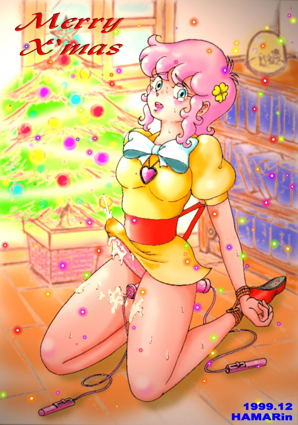 1990s 1999 1futa 20th_century ambiguous_penetration anal_penetration artist_name blue_eyes blush blushing bound bound_wrists christmas christmas_tree cum cum_drip cum_on_own_leg cum_through_clothes dated double_penetration dress eyebrows_visible_through_hair futanari hamarin heart_necklace intersex kanzaki_megu lipstick locket looking_at_viewer majokko_megu-chan pink_hair pink_lipstick solo solo_futa sweat sweatdrop tearing_up uncensored vibrator yellow_dress