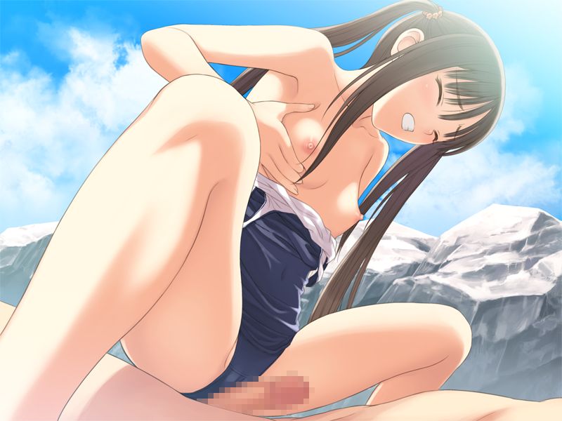 1boy 1girls blush censored cowgirl_position fault!! female game_cg male mizugi outdoors penis pettanko public_nudity sex straight sugiyama_mio sukumizu taka_tony tied_hair twintails