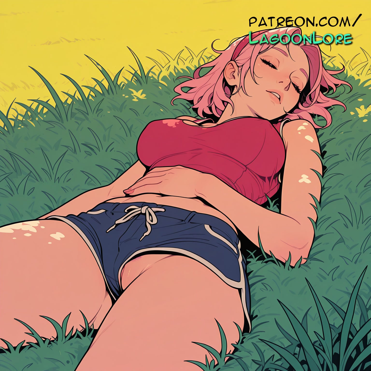 against tree, ai generated, artist name, breasts, bush, bust, chest, closed eyes, clover, dandelion, female, field, fireflies, flower field, foliage, garden, grass, hammock, hand on own stomach, hi res, highres, jungle, lagoonlore, laying down, leaf, lying, lying on back, medium hair, mushroom, naruto, naruto (series), nature, on back, on grass, on ground, outdoors, palm leaf, palm tree, patreon, patreon username, pink hair, plant, potted plant, sakura haruno, shorts, sleeping, solo, sunflower, tree, tree shade, tree stump, under tree, watermark, wheat, wooden fence