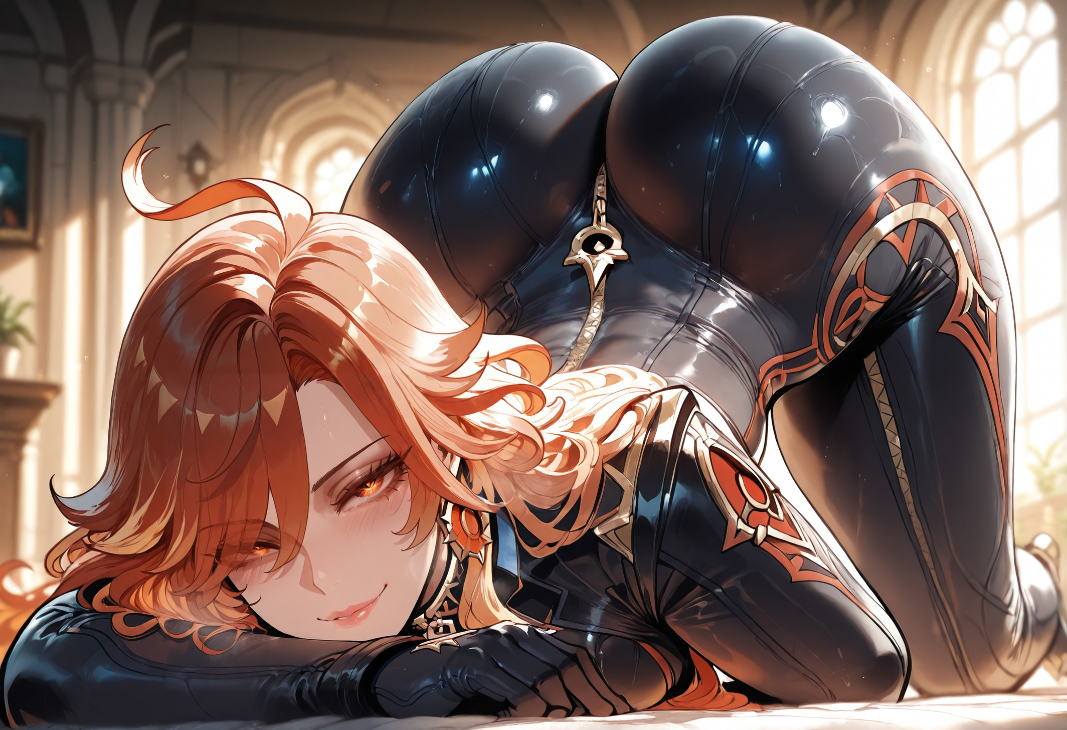 1girls, ahoge, ai generated, all fours, ass, bangs, bed, bed sheet, black bodysuit, black gloves, blush, bodysuit, breast press, breasts, clothing, curvaceous, curvaceous female, curvaceous figure, curvy, curvy figure, earrings, eyes visible through hair, female, female focus, female only, from behind, genshin impact, gloves, hair over one eye, hoyoverse, indoors, inviting, inviting to sex, jewelry, large breasts, latex, latex bodysuit, lips, long hair, looking at viewer, looking back, lying, mavuika (genshin impact), miyuai, on bed, on stomach, one eye closed, orange eyes, orange hair, parted lips, pillow, presenting, presenting ass, presenting hindquarters, presenting self, red hair, seductive, seductive look, seductive smile, shiny clothes, shiny skin, skin tight, smile, solo, thighs, top-down bottom-up, voluptuous, voluptuous female, window