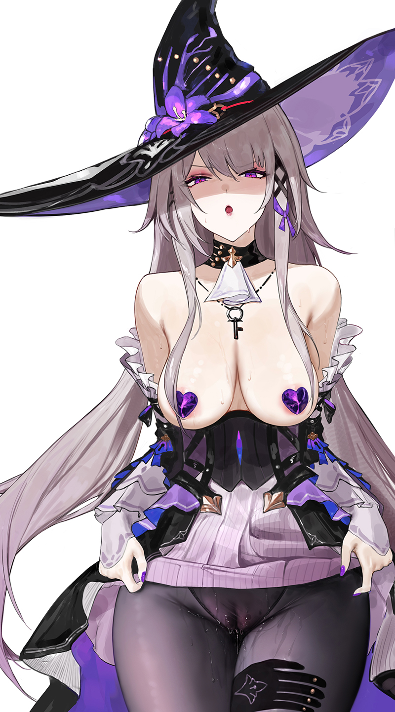 1girls, areola slip, breasts, cameltoe, cleavage, dress, female, female only, hat, herta (honkai: star rail), honkai (series), honkai: star rail, horny, horny expression, horny face, horny female, hoyoverse, leaking pussy, lifting skirt, mihoyo, nipple pasties, pantyhose, pasties, pussy, pussy juice, pussy juice drip, pussy juice drip through clothes, pussy juice trail, sawaki ken, solo, solo female, sweat, sweating, sweaty, sweaty breasts, the herta (honkai: star rail), white background, witch hat