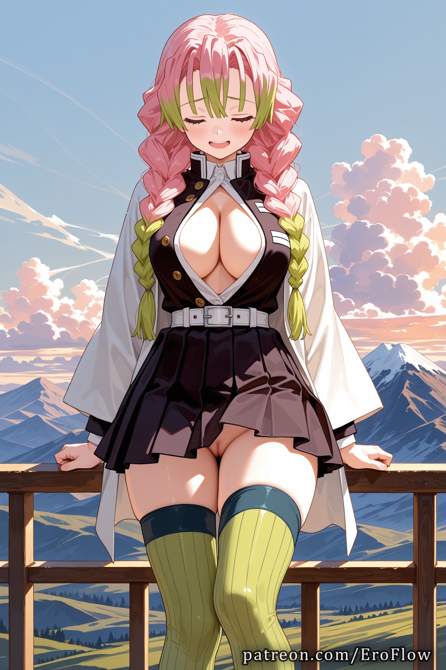 1girls, 2025, ai generated, ass, bangs, belt, black skirt, blush, braid, breasts, cleavage, closed eyes, cloud, curvaceous, demon slayer, demon slayer uniform, eroflow, female, female only, green hair, green thighhighs, hi res, highres, japanese clothes, kanroji mitsuri, kanroji mitsuri (cosplay), kimetsu no yaiba, large ass, large breasts, long hair, long sleeves, mole, mountainous horizon, no panties, open mouth, outdoors, partially unbuttoned, patreon, pink hair, pleated skirt, pussy, ribbed legwear, skirt, sky, smile, solo, teasing, thighhighs, thighs, twin braids, voluptuous, voluptuous female, white belt, wig