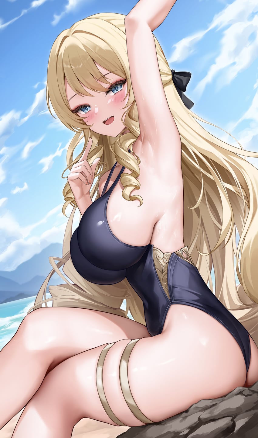 1girls, background, big breasts, black ribbon, blonde hair, blue eyes, blush, breasts, cloud, female, female human, fontaine girls, genshin impact, human, large breasts, light skin, light-skinned female, long hair, lunacle, navia (genshin impact), one-piece swimsuit, ribbon, seaside, sky, slim waist, swimsuit, thick thighs