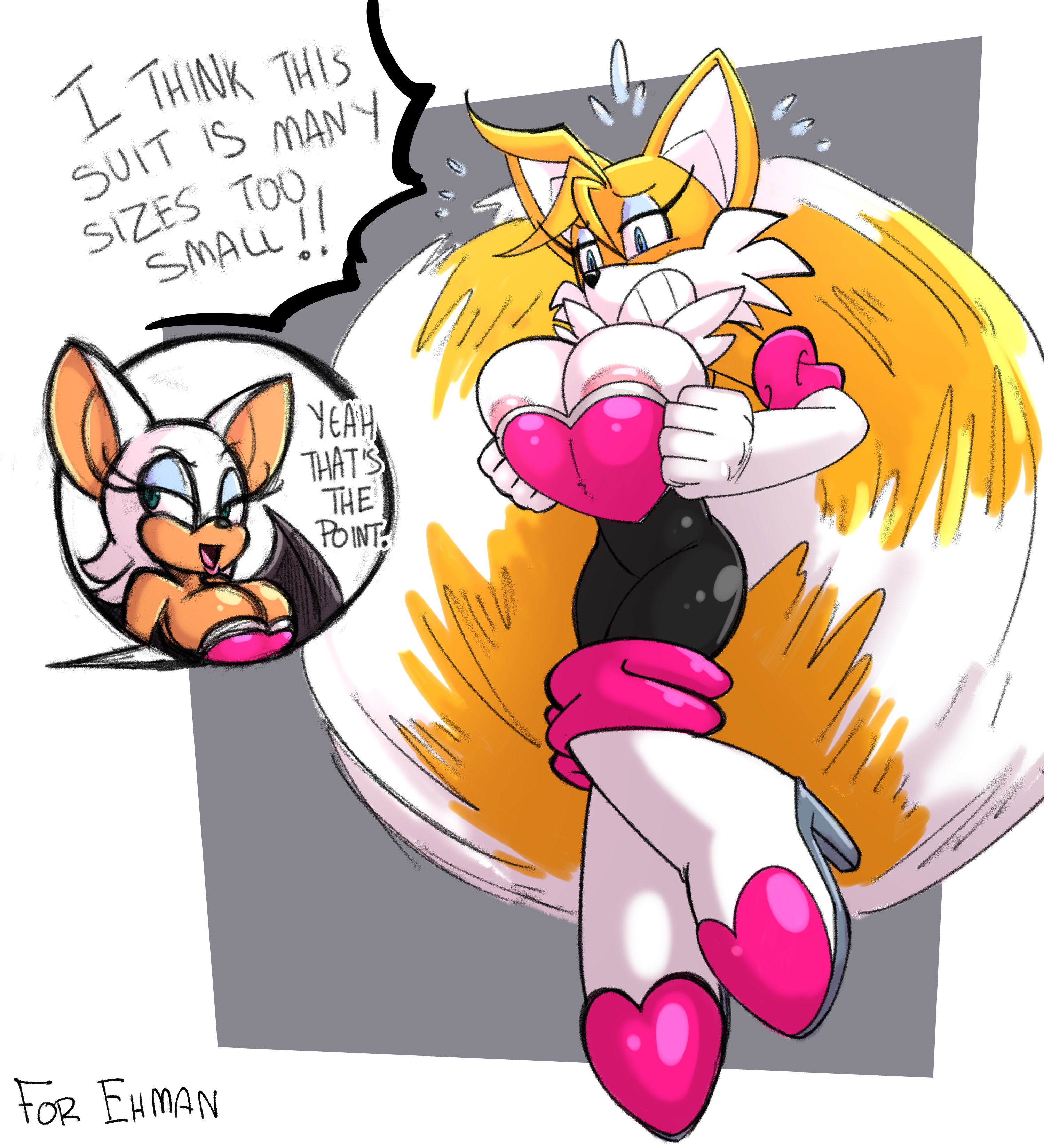 2021, absurd res, anthro, armwear, bat, big breasts, biped, blue eyes, blue eyeshadow, bodily fluids, bodysuit, breasts, canid, canine, cleavage, clenched teeth, clothed, clothing, cosplay, describing fit, dialogue, digital media (artwork), dirty dick, duo, elbow gloves, embarrassed, english text, eyelashes, eyeshadow, female, female only, flying sweatdrops, footwear, fox, fur, genderswap, genderswap (mtf), glistening, gloves, handwear, helicopter tail, hi res, huge breasts, latex, latex clothing, latex skinsuit, makeup, male, mammal, miles prower, miles tails prower, mtf crossgender, multicolored body, multicolored fur, nipple slip, nipples, penis, rouge the bat, rouge the bat (cosplay), rubber clothing, rule 63, sachasketchy, sega, simple background, skinsuit, sonic (series), sonic the hedgehog (series), sweat, sweatdrop, tails, tails the fox, tailsko, teeth, text, tight clothing, undersized clothing, white body, white clothing, white fur, white gloves, white handwear, wings, yellow body, yellow fur
