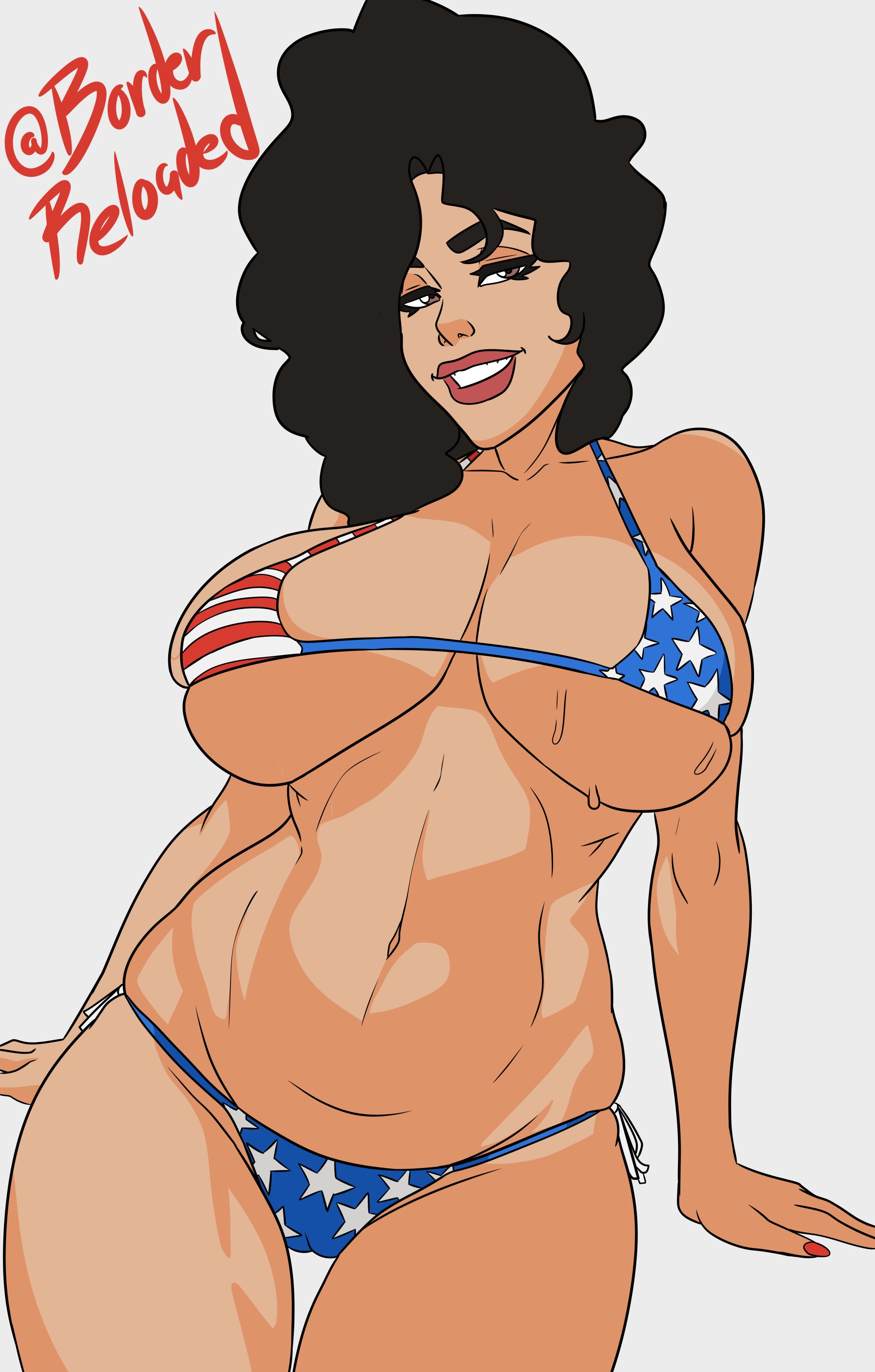 4th of july, american flag bikini, big breasts, bikini, borderreloaded, breasts, busty, female, female focus, female only, hourglass figure, marvel, marvel comics, micro bikini, milf, pinup, pinup pose, rio morales, rio morales (spider-verse), signature, spider-man (series), tagme, text, wide hips
