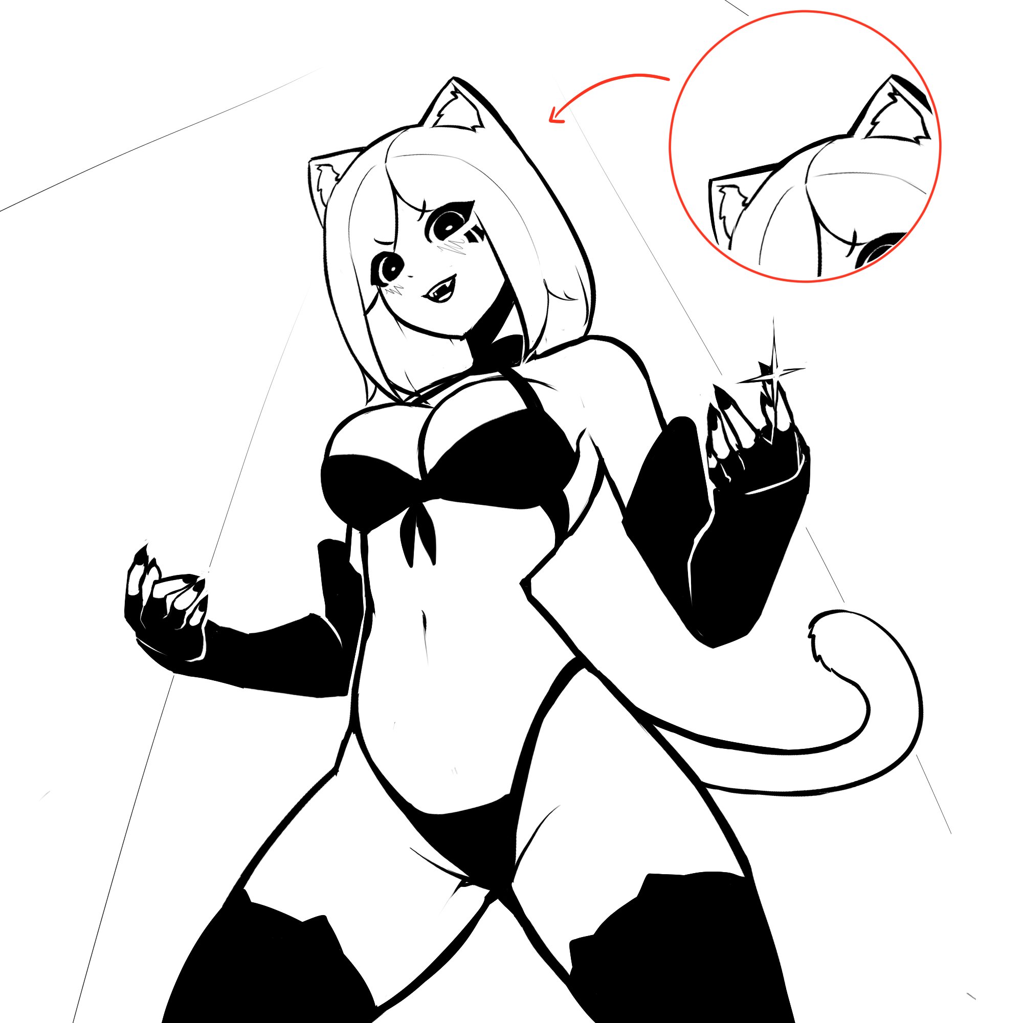 1girls, 2023, animal ears, bikini, black bikini, blush, breasts, cat ears, cat girl, cat tail, catgirl, claws, cleavage, facial markings, fangs, female, fingerless gloves, from below, gloves, grin, looking at viewer, looking down, navel, original, sharp claws, short hair, standing, tagme, tail, tekona, thighhighs, thighs