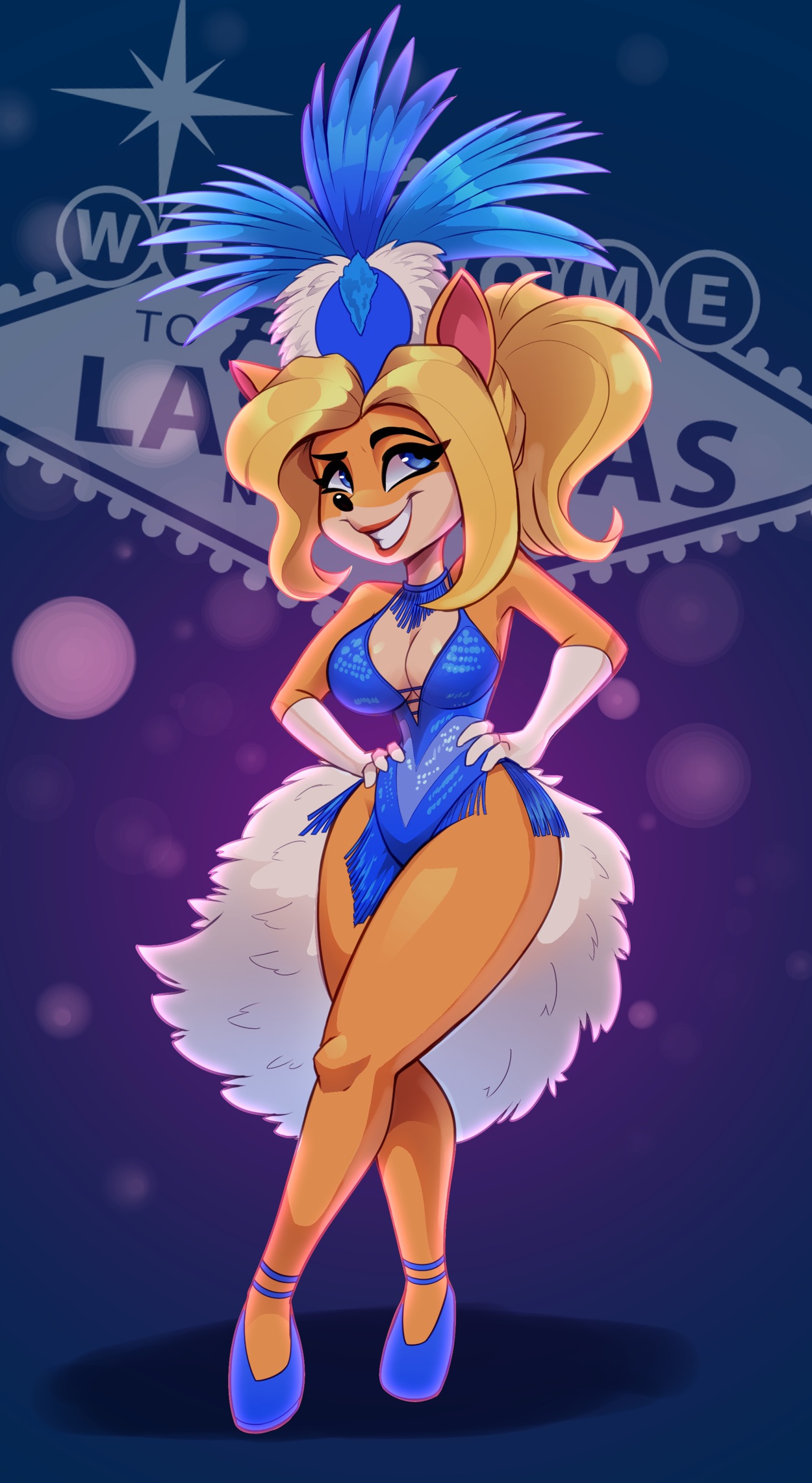 1girls, anthro, anthro female, anthro only, big breasts, blonde hair, blue eyes, breasts, cleavage, crash (series), crash bandicoot (series), crash team racing nitro-fueled, curvaceous, curvy, feathers, female, female only, furry, furry female, gloves, hands on hips, headdress, high heels, isabella bandicoot, long hair, looking up, magaska19, mammal, marsupial, orange body, short dress, showgirl, showgirl skirt, skimpy, skimpy clothes, smile, solo, solo female, solo focus, thick thighs, tied hair, voluptuous, wide hips