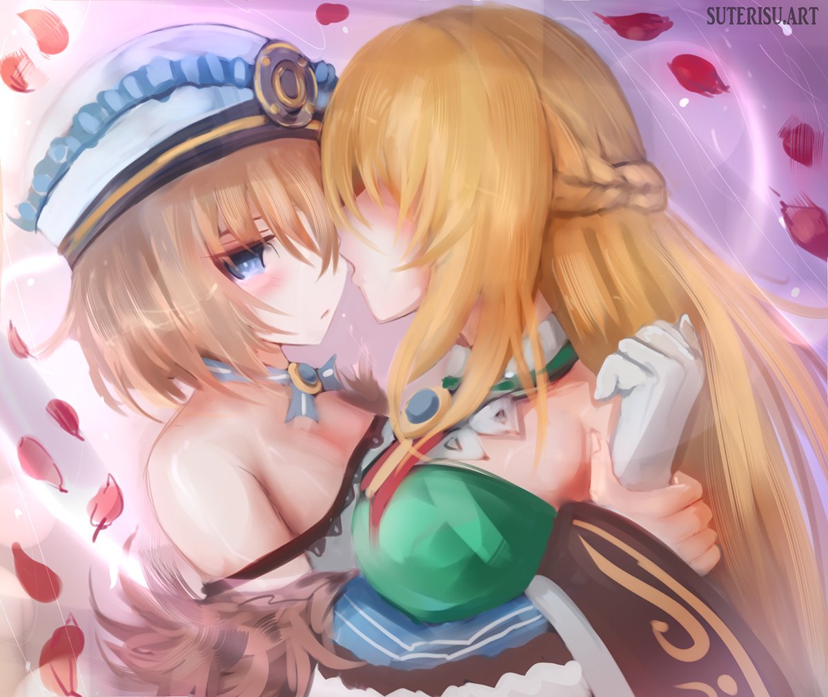 2girls almost_kissing big_breasts blanc blonde_hair blue_eyes brown_hair female_only holding_arm long_hair looking_at_another neptunia_(series) short_hair suterisu vert yuri