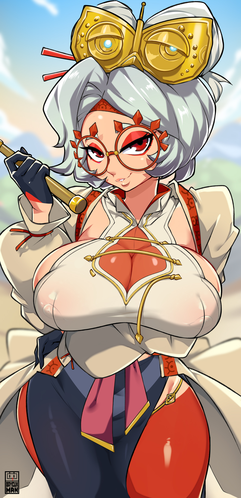 1girls, bayeuxman, big breasts, breasts, clothed, female, glasses, gloves, hi res, nintendo, nipples, nipples visible through clothing, purah, purah (tears of the kingdom), red eyes, short hair, solo, tears of the kingdom, the legend of zelda, thighs, white hair, wide hips