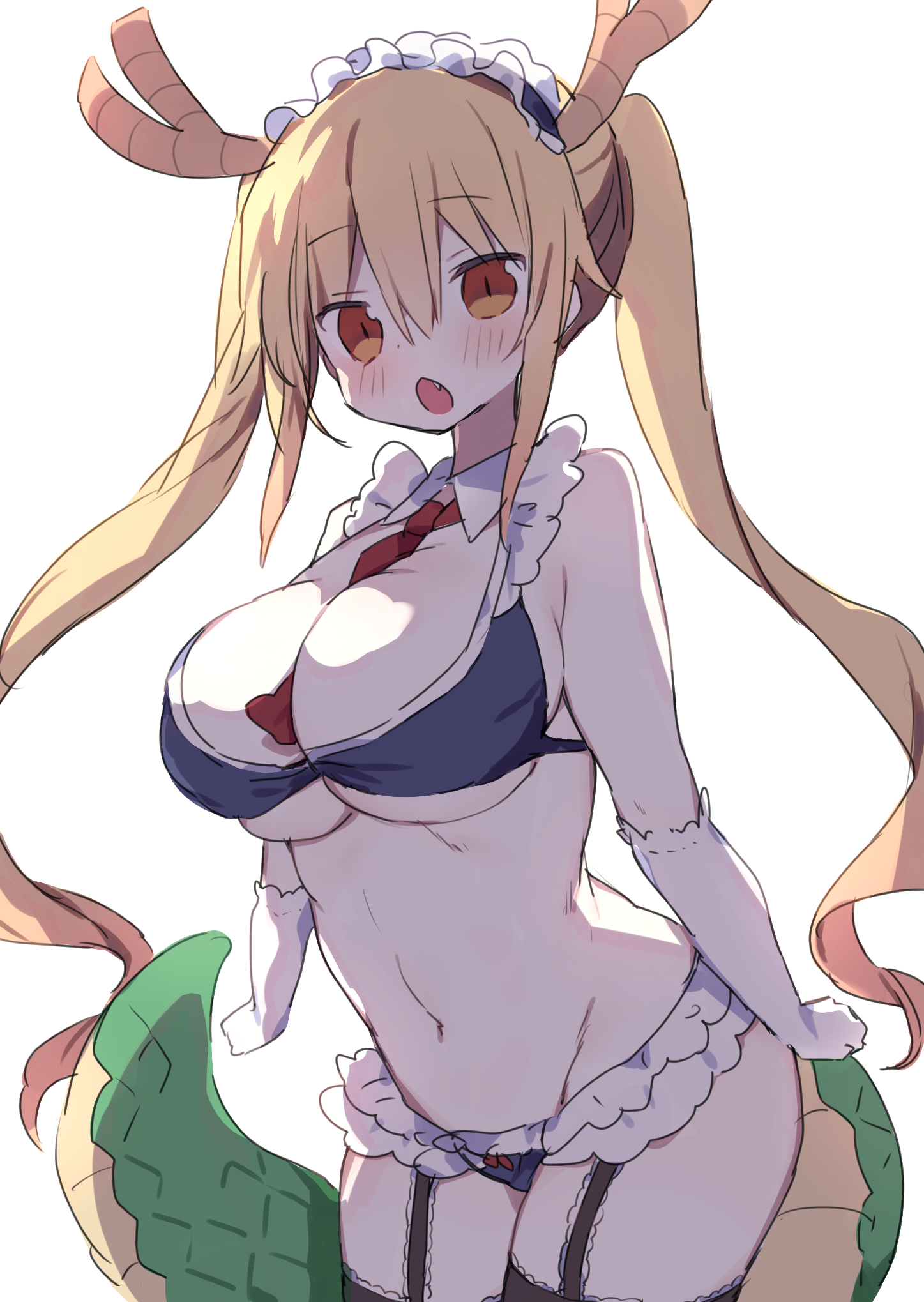 1girls, artist request, big breasts, bikini, blonde hair, breasts, cleavage, dragon girl, dragon horns, dragon tail, female, gloves, long hair, miss kobayashi's dragon maid, swimsuit, tohru (dragon maid), twintails, underboob