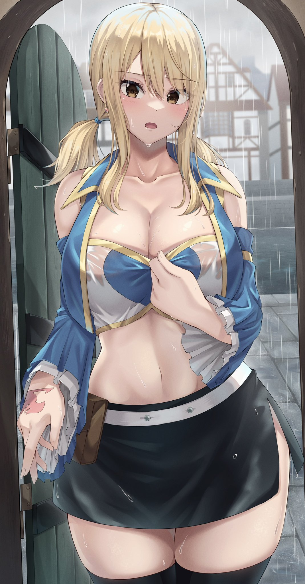 1girls amagi_korona blonde_hair brown_eyes cleavage exposed_shoulders fairy_tail female female_only fully_clothed large_breasts looking_at_viewer lucy_heartfilia midriff pov pulling_clothing raining revealing_clothes short_skirt thick_thighs thigh_window thighhighs top twintails wet_body wet_clothes