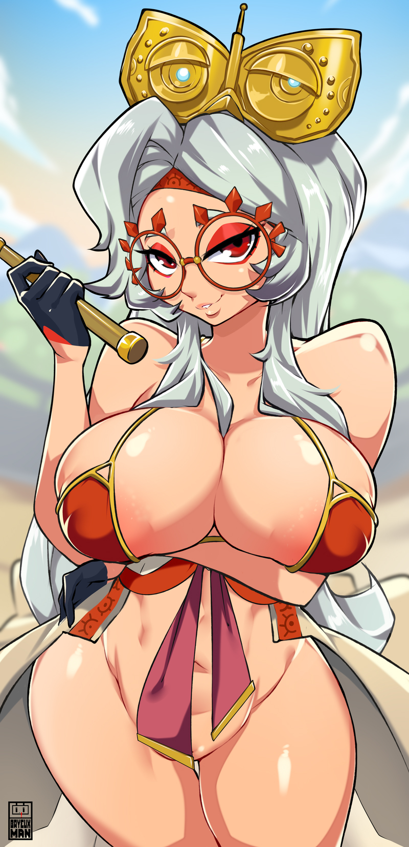 1girls bayeuxman big_breasts bikini bottomless breasts clothed erect_nipples erection_under_clothes glasses gloves hi_res long_hair nintendo purah purah_(tears_of_the_kingdom) red_eyes skimpy skimpy_clothes solo tears_of_the_kingdom the_legend_of_zelda thighs white_hair wide_hips