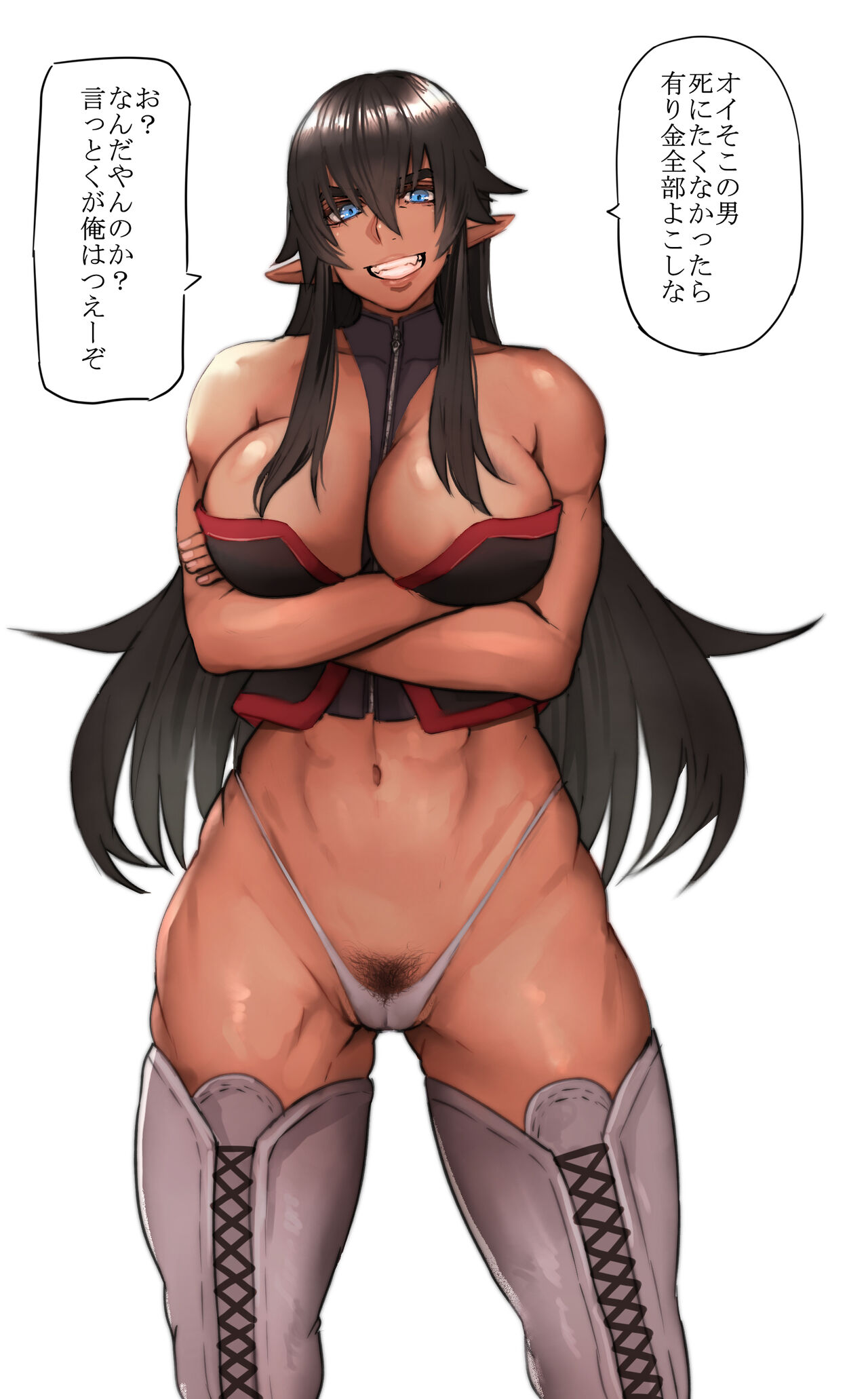 1girls, 2018, abs, absurd res, bandit, bare arms, bare shoulders, black hair, blue eyes, breasts, cleavage, clothing, confident, crop top, crossed arms, dark elf, dark elf thief (pepe (jonasan)), dark skin, dark-skinned female, elf, female, female only, grin, hair between eyes, highleg, highleg panties, highres, japanese text, large breasts, long ears, long hair, looking at viewer, midriff, navel, original, panties, pepe (jonasan), pointy ears, pubic hair, pubic hair peek, revealing clothes, simple background, skimpy, smile, solo, speech bubble, standing, teeth, text, thick eyebrows, thick thighs, thighhighs, thighs, thong, toned, toned female, translated, underwear, very long hair, white background, white panties