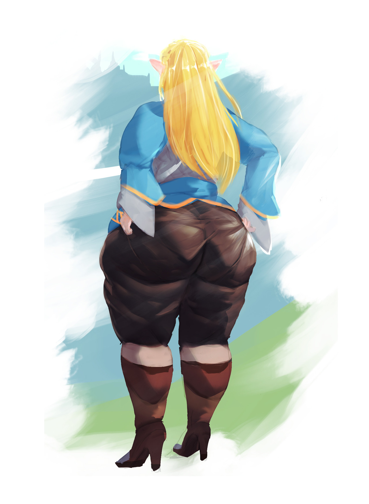 1girls, ass, back view, bamboo ale, big ass, blonde hair, boots, breath of the wild, castle, chubby, chubby female, chunky, female, grass, hands on hips, huge ass, long hair, mountains, pantylines, princess zelda, pulling up pants, solo, solo focus, the legend of zelda, thick thighs, tight clothing, white background, zelda (breath of the wild)