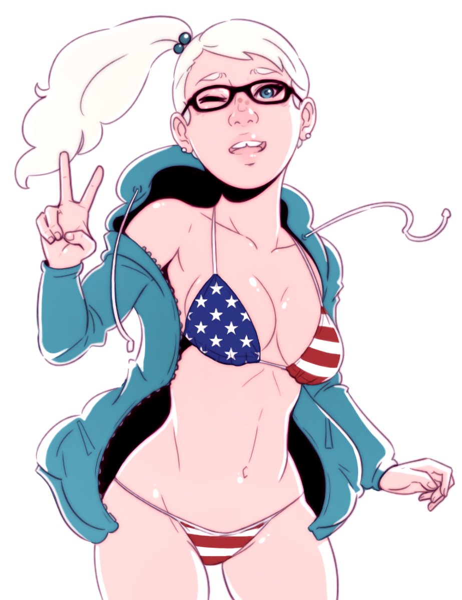 1girls american_flag_bikini black-framed_eyewear blonde_hair blue_eyes dave_cheung female fourth_of_july freckles glasses gretchen_(dave_cheung) lips long_hair medium_breasts nose open_hoodie original side_ponytail solo tooth_gap v_sign wink