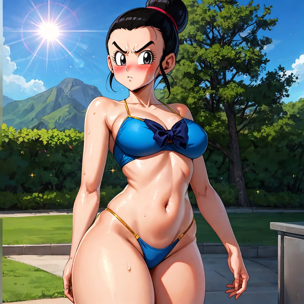 1girls, ai generated, angry, angry face, bare shoulders, belly, belly button, big boobs, big breasts, bikini, blush, boobs, breasts, chichi, cleavage, cleft of venus, curvaceous, curvy, curvy figure, cute, dragon ball, dragon ball super, dragon ball z, female, female only, groin, hi res, high resolution, highres, hourglass figure, large breasts, light skin, light-skinned female, linea alba, milf, navel, off shoulder, outdoors, pale skin, pale-skinned female, shiny skin, sideboob, sidelocks, smooth skin, solo, solo female, standing, stomach, thick thighs, thong, thong bikini, waifu2x, wide eyed, wide hips