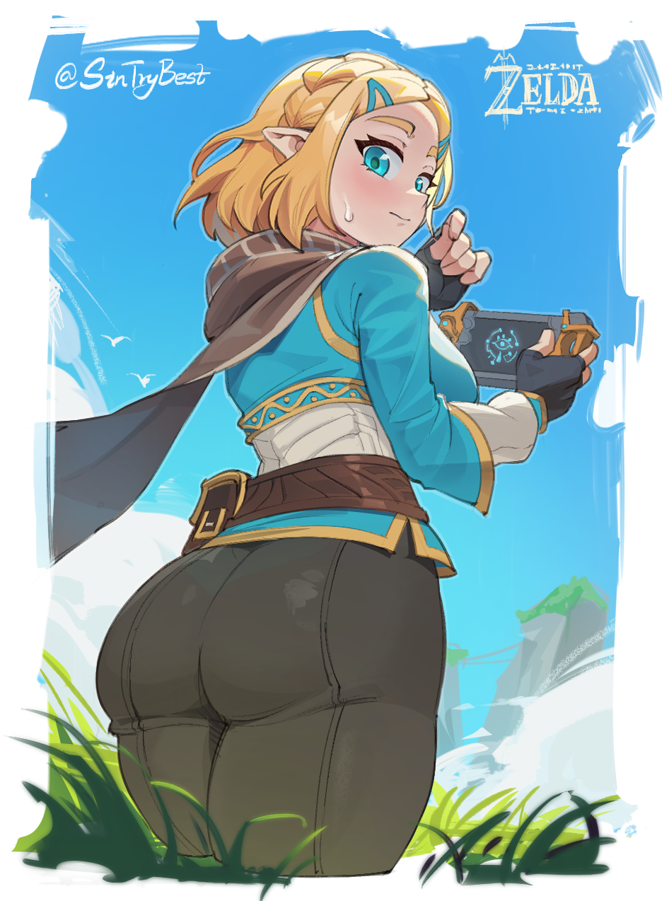 1girls ass ass_focus big_ass blonde_hair blue_eyes cape looking_at_viewer looking_back nintendo pants pointy_ears princess_zelda short_hair sintrybest_(artist) solo tears_of_the_kingdom the_legend_of_zelda tight_pants zelda_(tears_of_the_kingdom)