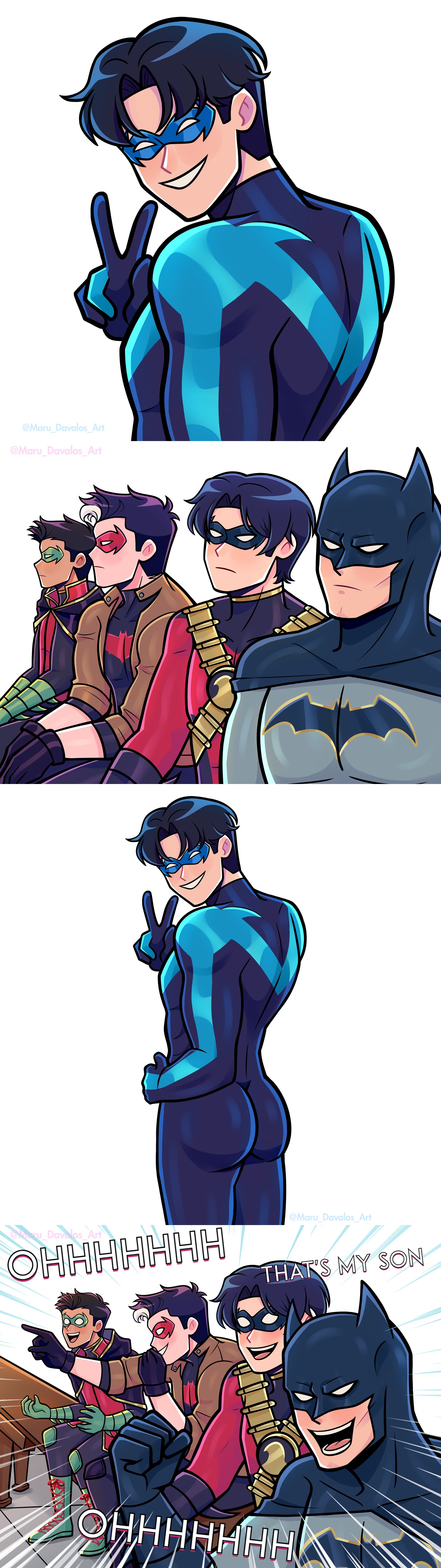 5boys, ass, ass focus, batman, batman (bruce wayne), batman (series), bodysuit, bruce wayne, cheering, damian wayne, dc, dc comics, dick grayson, english text, excited, funny, happy, jason todd, looking at ass, male, male focus, male only, mask, meme, nightwing, peace sign, red hood (dc), red robin, robin (damian wayne), robin (dc), skin tight, spandex, text, tight bodysuit, tight clothing, tim drake, victory sign, yaoi