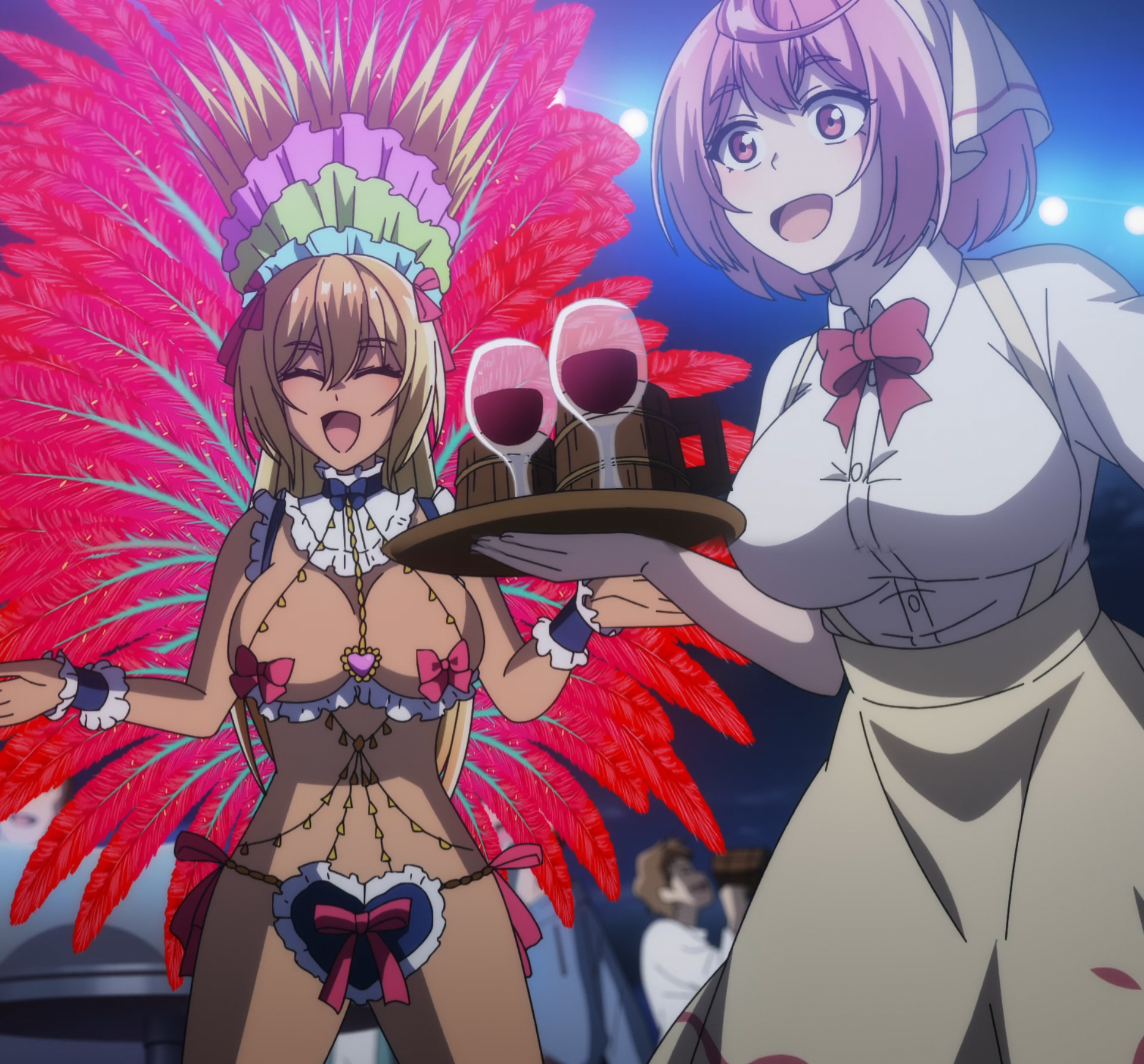 2girls, aruaru, bertrand (kamikatsu), big breasts, blonde hair, brazilian carnival outfit, breasts, celebration, dancing, dark skin, dark-skinned female, female, happy, impossible clothes, kaminaki sekai no kamisama katsudou, large breasts, legs, multiple females, multiple girls, open mouth, party, pink eyes, pink hair, samba, screencap, smile, wide hips