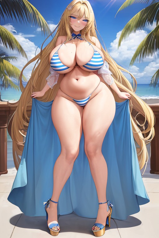 1girls ai_generated beach beach_towel bikini blonde_hair blue_and_white_striped_bikini blue_and_white_striped_panties blue_eyes breasts curvy_hair female hi_res high_heels huge_breasts large_breasts long_hair looking_at_viewer massive_breasts open_toe_shoes original original_character platform_heels stable_diffusion thick_thighs thighs wide_hips wide_thighs