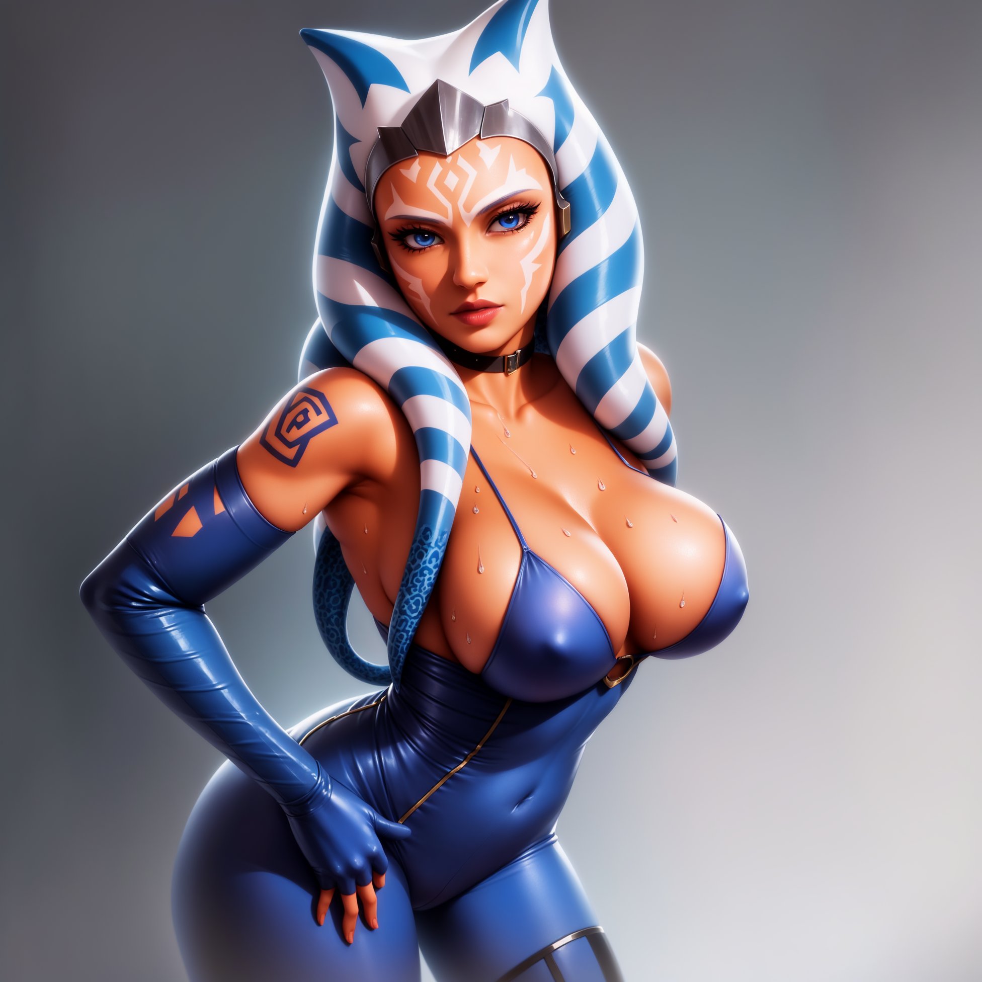 ahsoka tano, ahsoka tano (imperial), ai generated, alien, alien girl, alien humanoid, alternate breast size, alternate costume, arm tattoo, armpits, bent over, big breasts, blue clothing, blue eyes, bodysuit, breasts, bulge, choker, cleavage, collarbone, eyelashes, eyes, facial markings, female, fingerless gloves, gloves, grey background, hand on hip, headband, headgear, horn, humanoid, latex, lipstick, long gloves, markings, navel, navel visible through clothes, neckwear, nipple bulge, open eyes, orange body, pose, red lipstick, sideboob, simple background, sleeveless, solo, standing, star wars, sweat, tattoo, tentacle, tentacle hair, togruta, wet, white markings