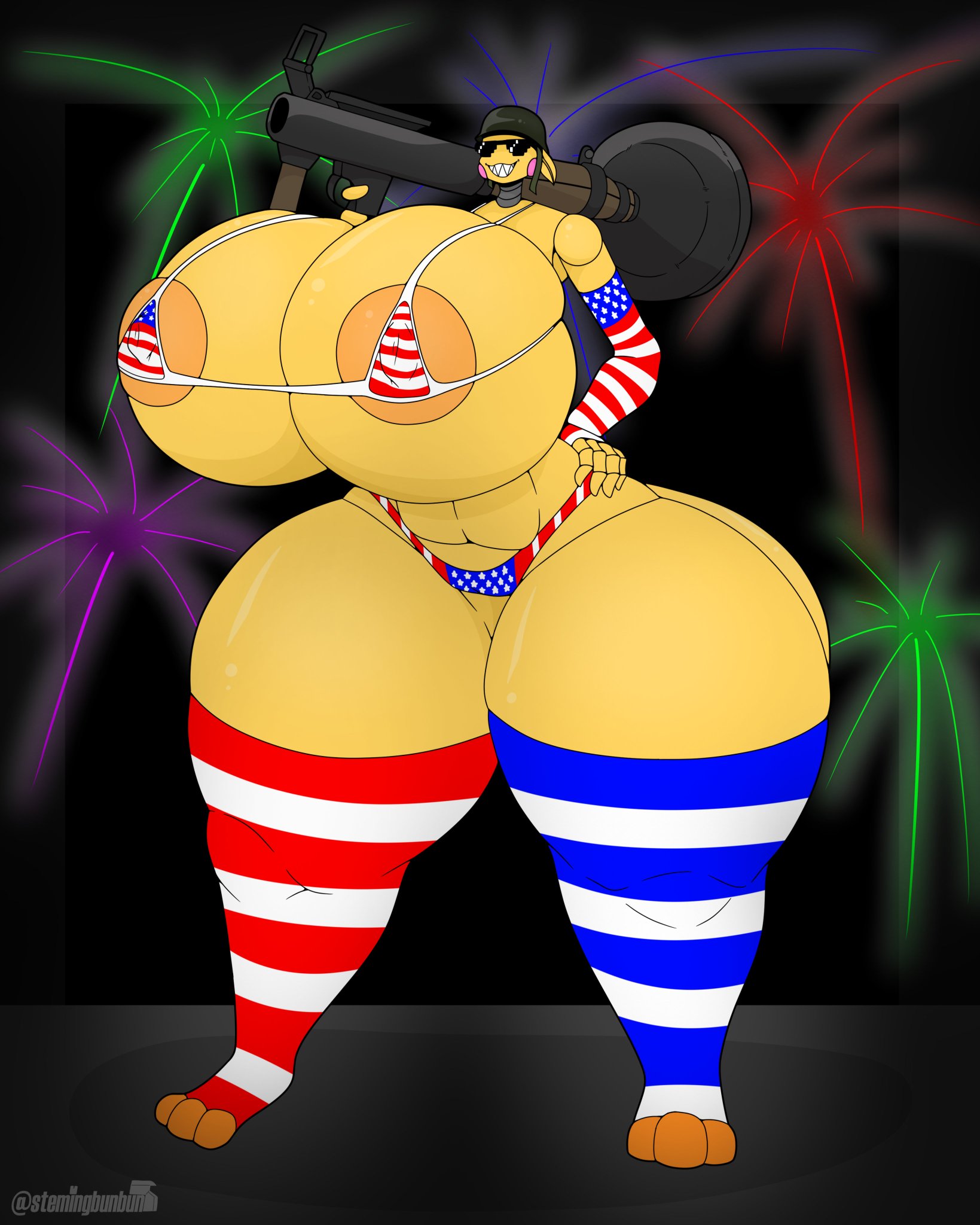 american flag bikini, ass, big ass, big breasts, bikini, breasts, breasts bigger than head, female, female only, five nights at freddy's, hyper breasts, micro bikini, nipples visible through bikini, solo, stemingbunbun, toy chica (fnaf)