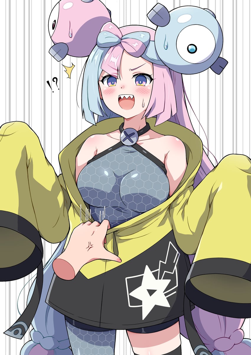 1girls aqua_hair big_breasts breasts eggman_(pixiv28975023) hair_ornament iono_(pokemon) jacket jacket_pull long_hair nanjamo_(pokemon) open_mouth pantyhose pink_hair pokemon pokemon_sv removing_clothing sleeveless sleeveless_shirt smile surprised sweat twintails undressing very_long_hair yellow_jacket