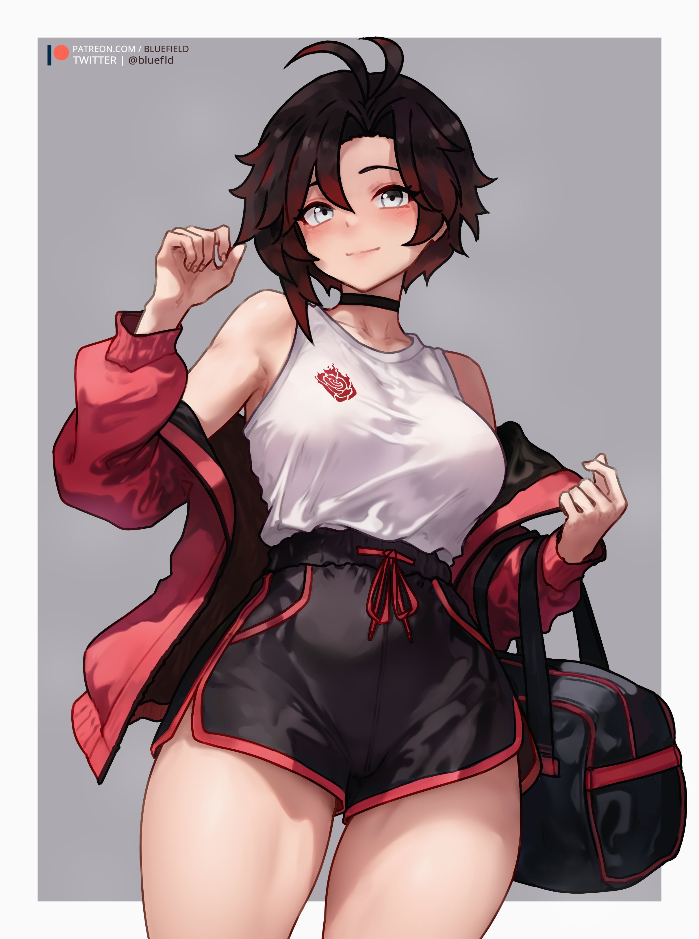 1girls, alternate breast size, bluefield, blush, booty shorts, breasts, clothed, clothed female, dolphin shorts, female, female only, large breasts, light skin, light-skinned female, red eyes, red hair, ruby rose, rwby, short hair, short shorts, shorts, smile, sportswear, thick thighs, thighs