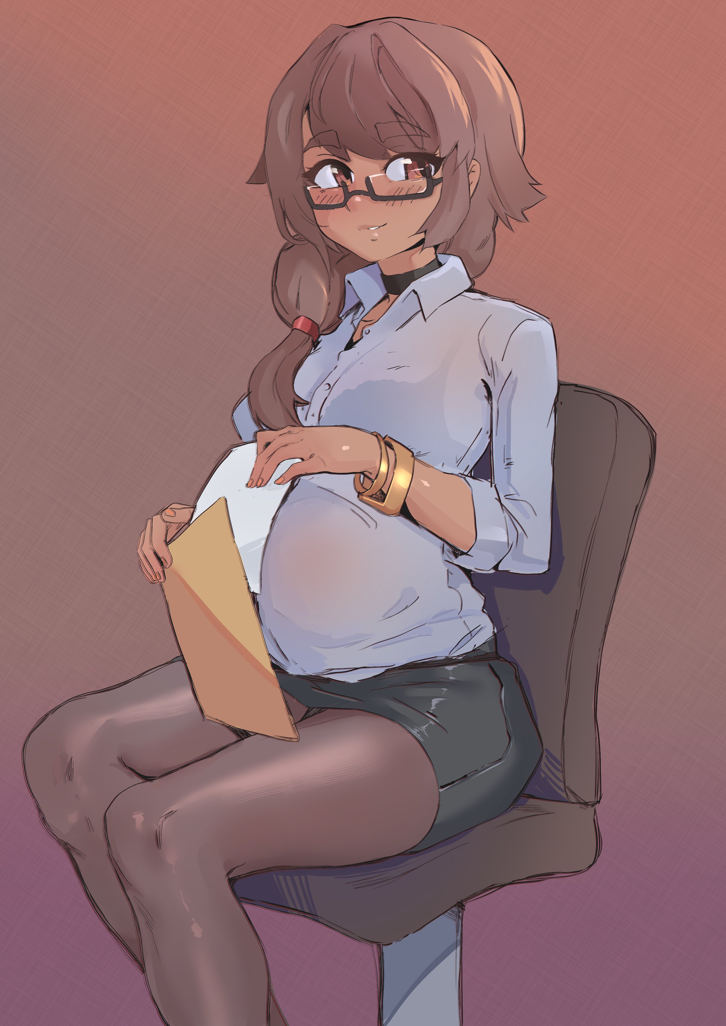1boy, 1girls, black skirt, blush, brown hair, cafin, choker, clothed, clothing, female, glasses, jewelry, league of legends, long hair, looking at viewer, male, nail polish, office lady, pantyhose, pregnant, side ponytail, sitting, skirt, taliyah