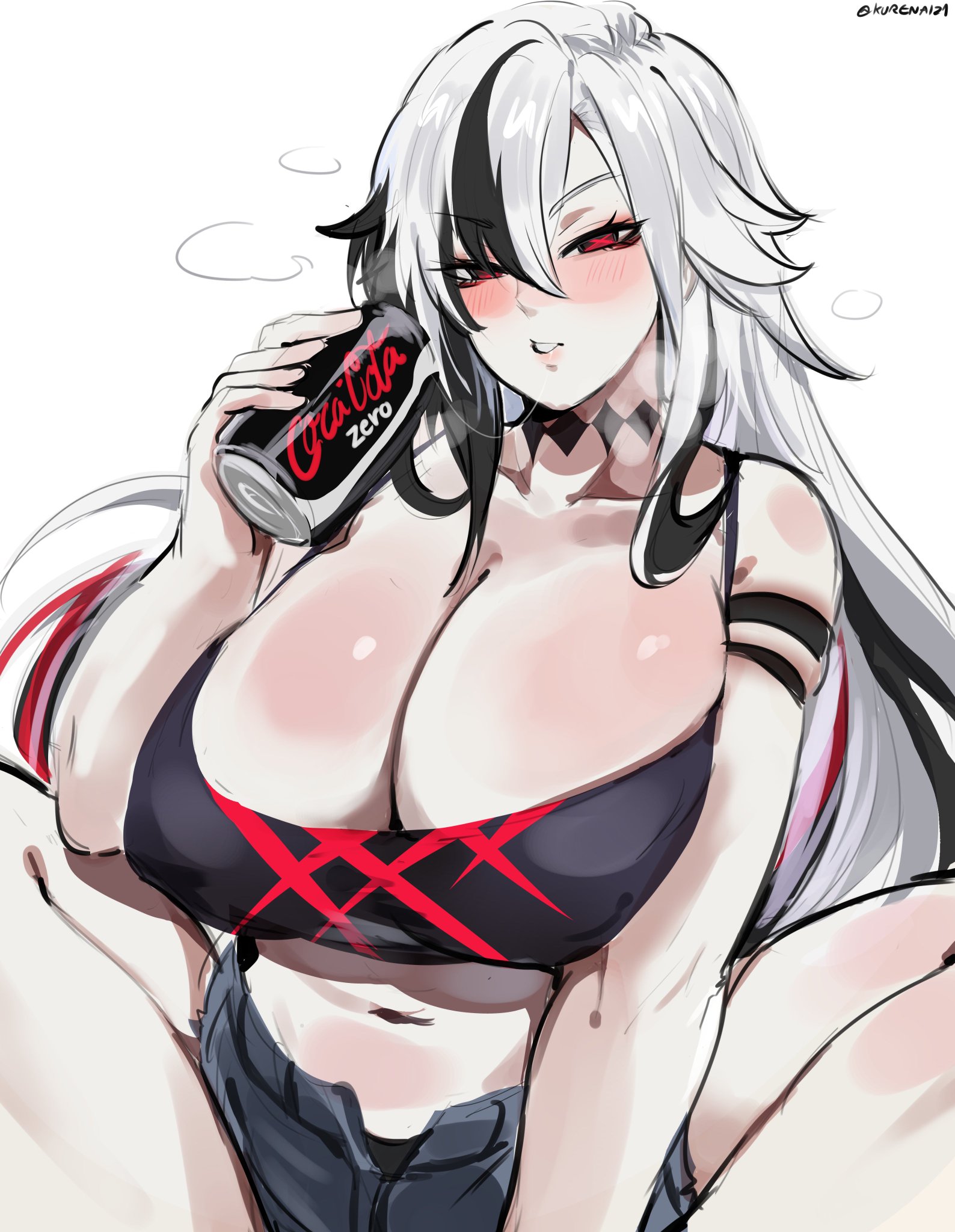 alternate breast size, arlecchino (genshin impact), big breasts, black nails, breasts, coca-cola, female, genshin impact, huge breasts, kurenaiz1, milf, monster, red eyes, solo, spit trail, sweat, white hair