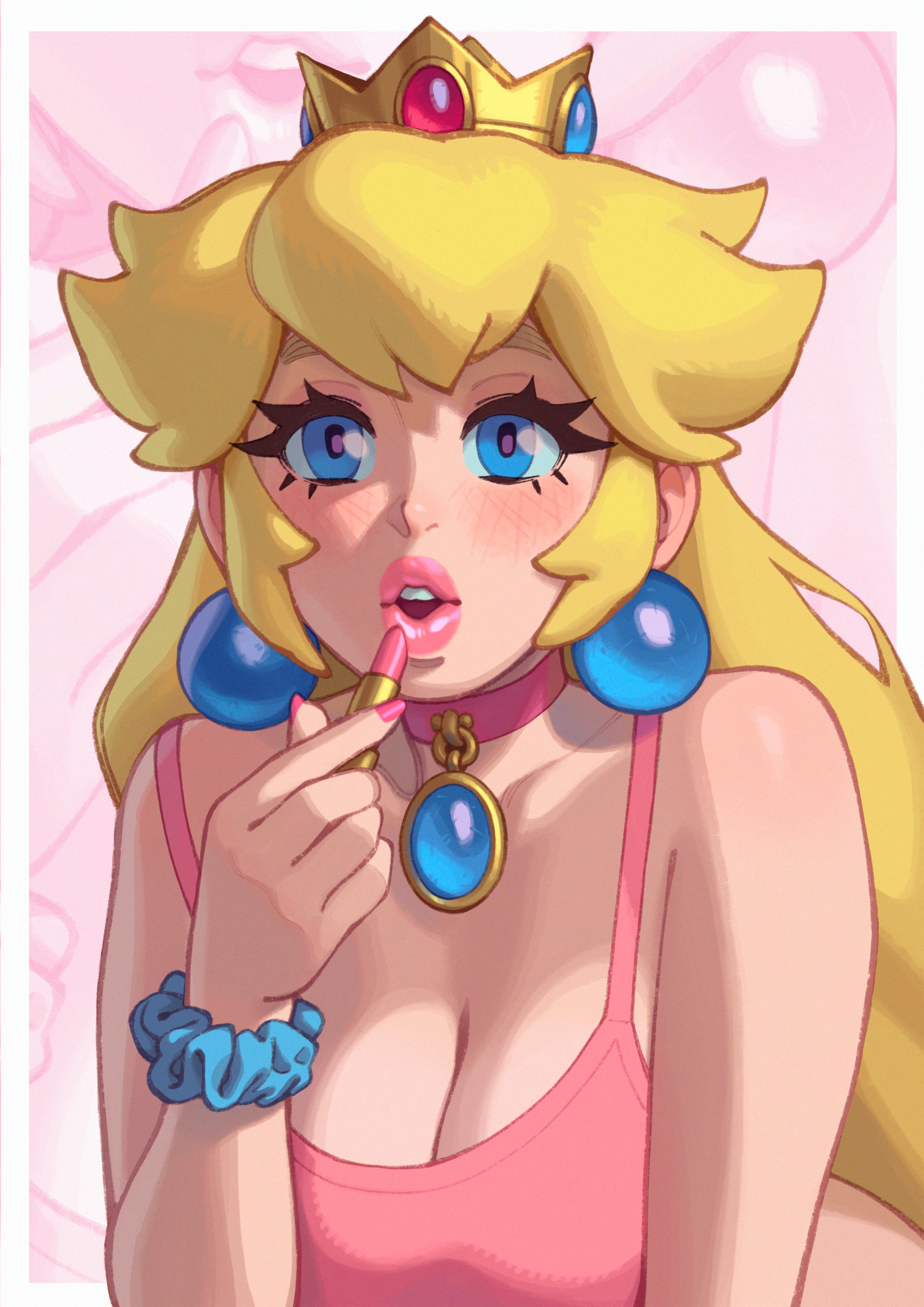 1girls, applying lipstick, applying makeup, big lips, blonde hair, blue eyes, blue scrunchie, blush, border, breasts, choker, cleavage, clothed, collar, collarbone, cosmetics, crown, earrings, eyelashes, female, fringe, gem, hand up, holding, holding lipstick tube, jewelry, large breasts, light skin, light-skinned female, lips, lips focus, lipstick, lipstick tube, long hair, looking at viewer, makeup, mario (series), nail polish, nintendo, nipples, pale skin, pale-skinned female, parted lips, pink background, pink choker, pink lips, pink lipstick, pink nails, princess, princess peach, puffy lips, putting on lipstick, rizdraws, royalty, scrunchie, seductive mouth, solo, sphere earrings, teeth, thick lips, upper body, wrist scrunchie