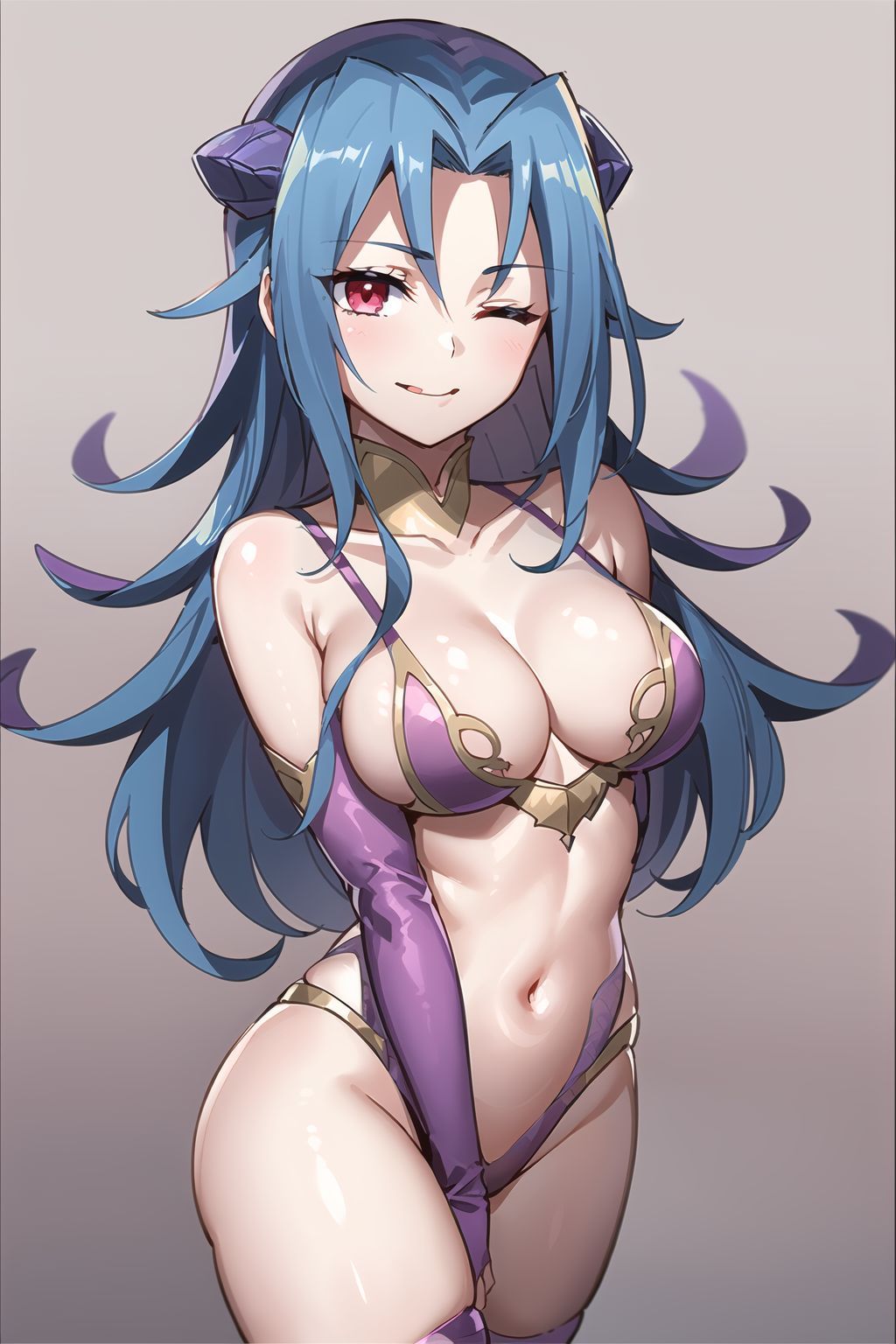 ai_generated bad_hands blue_hair cosplay demon_wings elbow_gloves fate/grand_order fate_(series) female female_only garter_straps gold_trim gradient_background horns irisviel_von_einzbern irisviel_von_einzbern_(halloween_princess) irisviel_von_einzbern_(halloween_princess)_(cosplay) kamishiro_rio licking_lips long_hair looking_at_viewer medium_breasts navel one_eye_closed purple_choker red_eyes revealing_clothes rio_kamishiro seductive_smile solo stable_diffusion succubus succubus_horns succubus_tail succubus_wings tail two_tone_hair wings wink winking_at_viewer yu-gi-oh! yu-gi-oh!_zexal