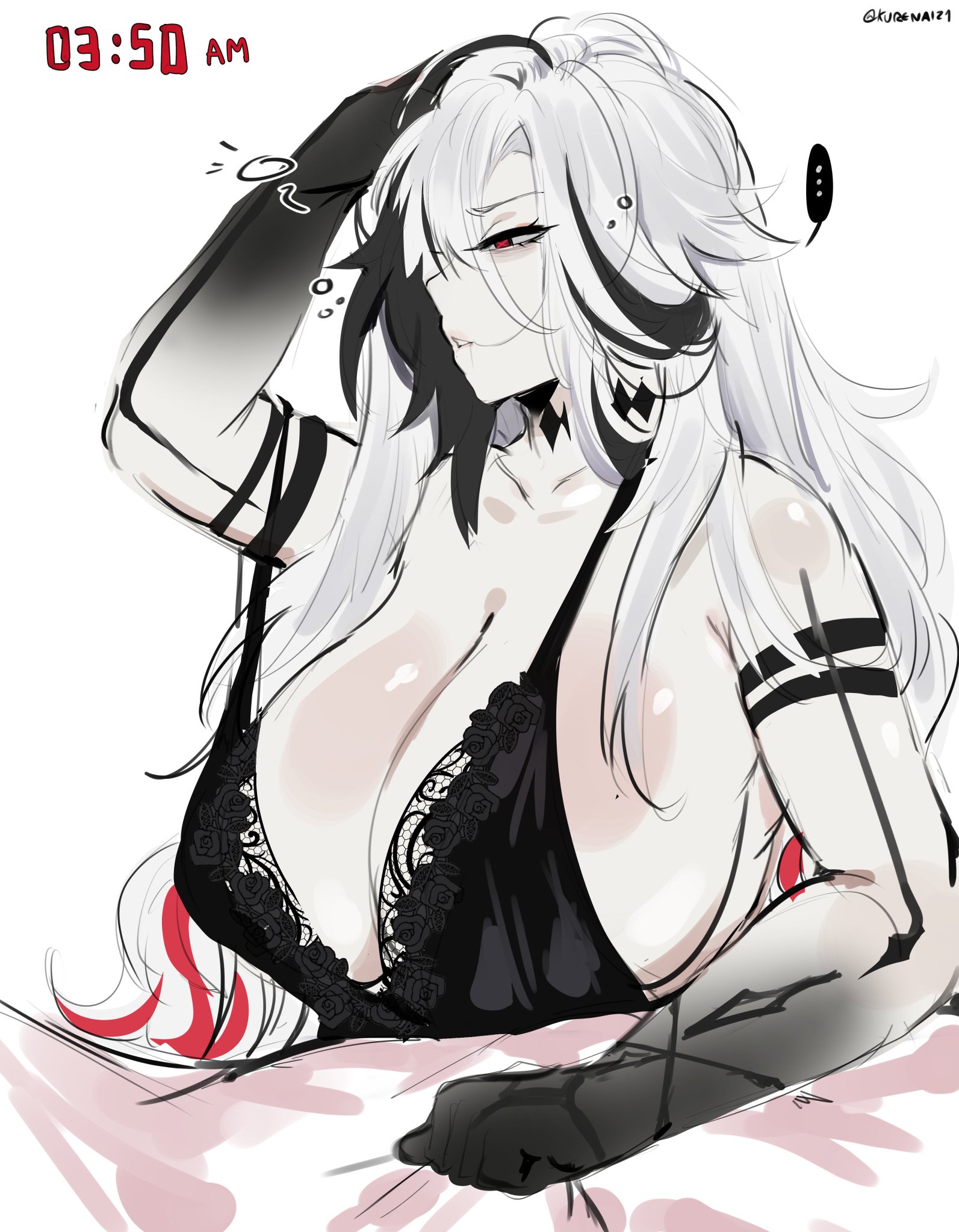 1girls, alternate breast size, arlecchino (genshin impact), big breasts, black nails, breasts, female, female only, genshin impact, huge breasts, kurenaiz1, milf, monster, red eyes, solo, white hair