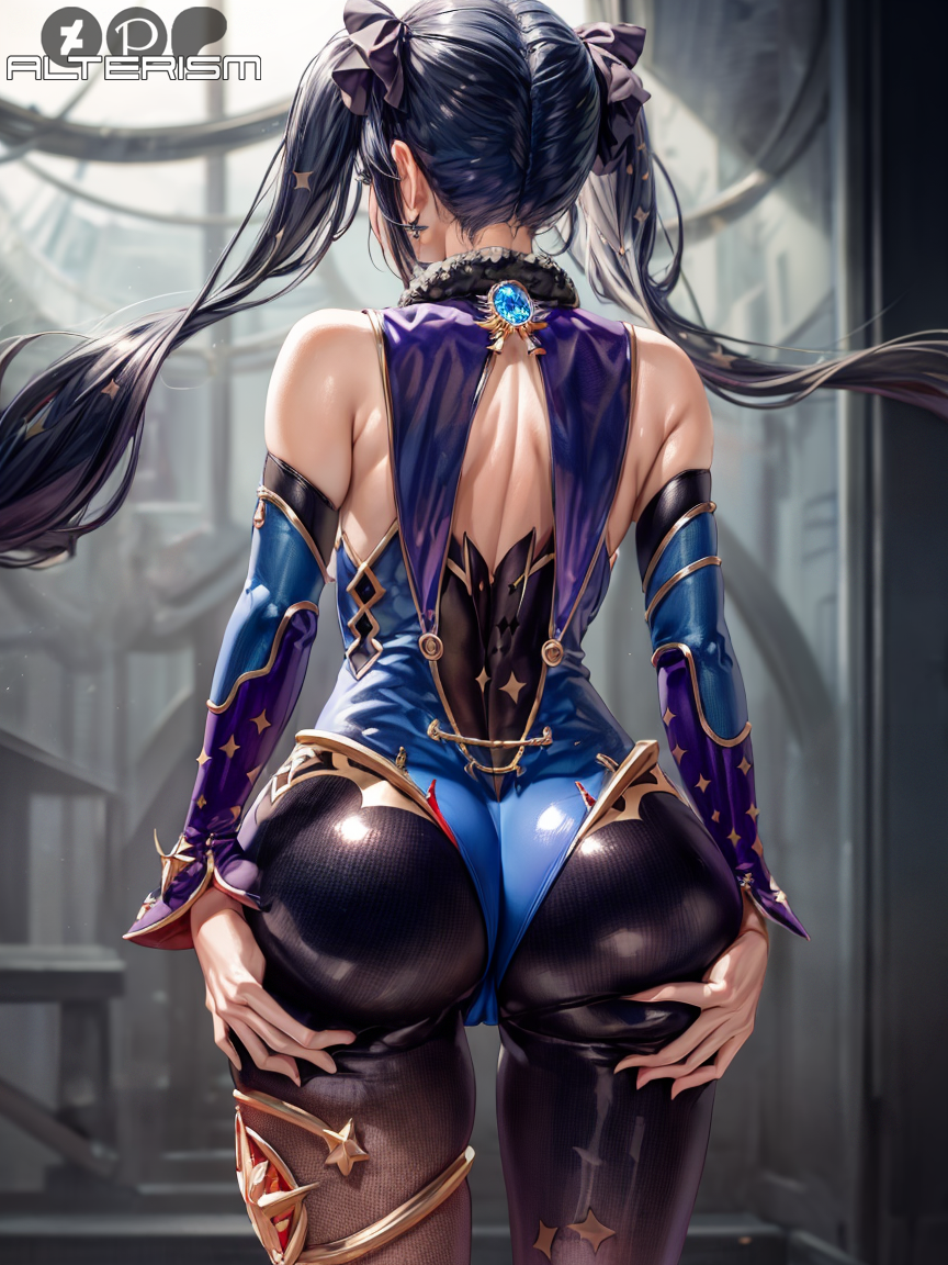 1girls ai_generated alterism ass ass_focus ass_grab big_ass black_hair from_behind genshin_impact hair_ornament hair_ribbon leotard light-skinned_female light_skin long_hair mona_(genshin_impact) off_shoulder pantyhose shiny_clothes skintight solo stable_diffusion thick_thighs