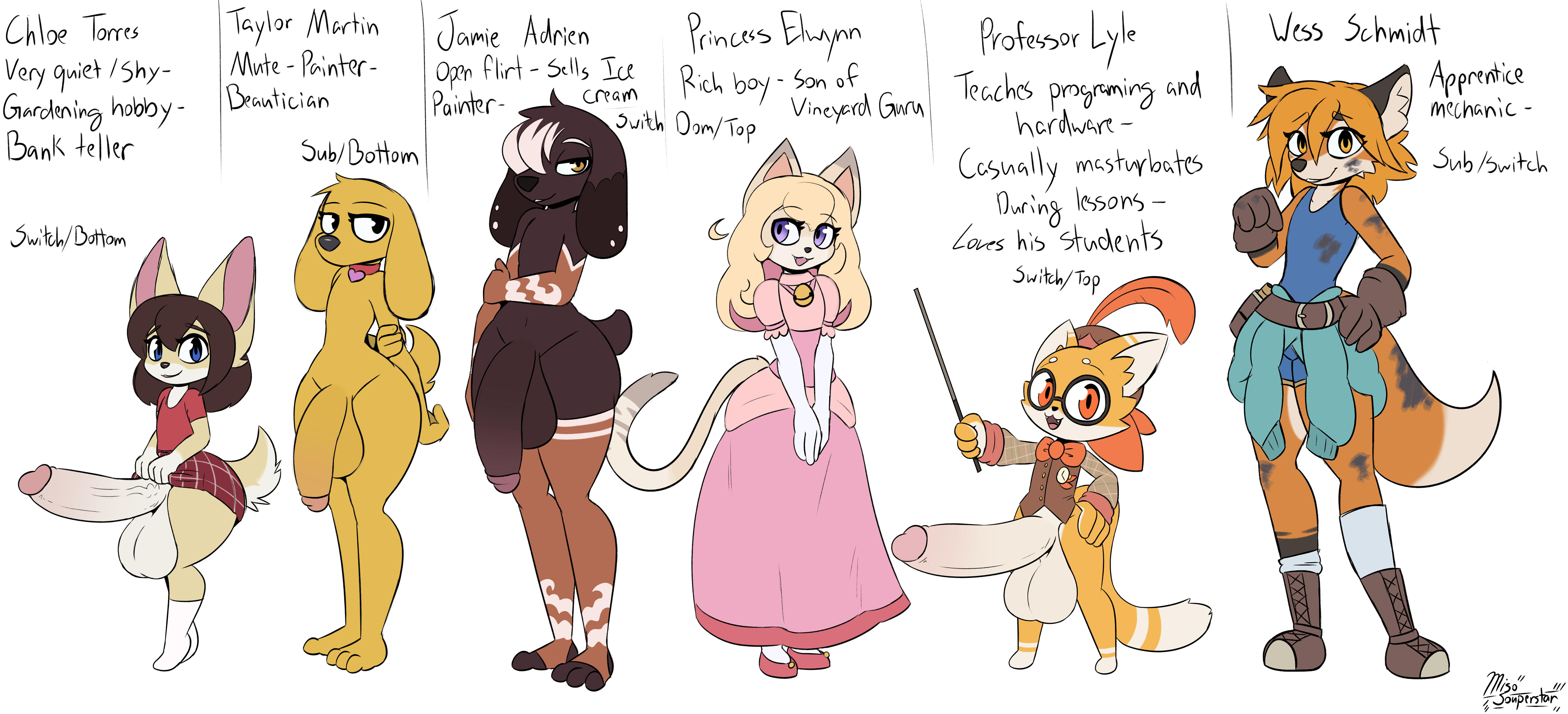 6boys, absurd res, anthro, big penis, blonde hair, blue eyes, brown body, brown fur, brown hair, canid, canine, character sheet, chloe torres (miso souperstar), clothed, clothes, clothing, crossdressing, dark body, dark fur, dark skin, dipstick ears, domestic cat, domestic dog, felid, feline, femboy, flaccid, fox, fur, furry, girly, glasses, headgear, headwear, height difference, hi res, hung, hung femboy, hung trap, jamie adrien (miso souperstar), large penis, lifting skirt, looking at another, looking at viewer, male, male only, miso souperstar, multiple boys, multiple males, orange body, orange eyes, orange fur, orange hair, original, penis, princess elwynn (miso souperstar), professor lyle (miso souperstar), purple eyes, royalty, simple background, small but hung, take your pick, taylor martin (miso souperstar), teacher, teapot (body type), text, wess schmidt (miso souperstar), white background, white body, white fur, yellow body, yellow eyes, yellow fur