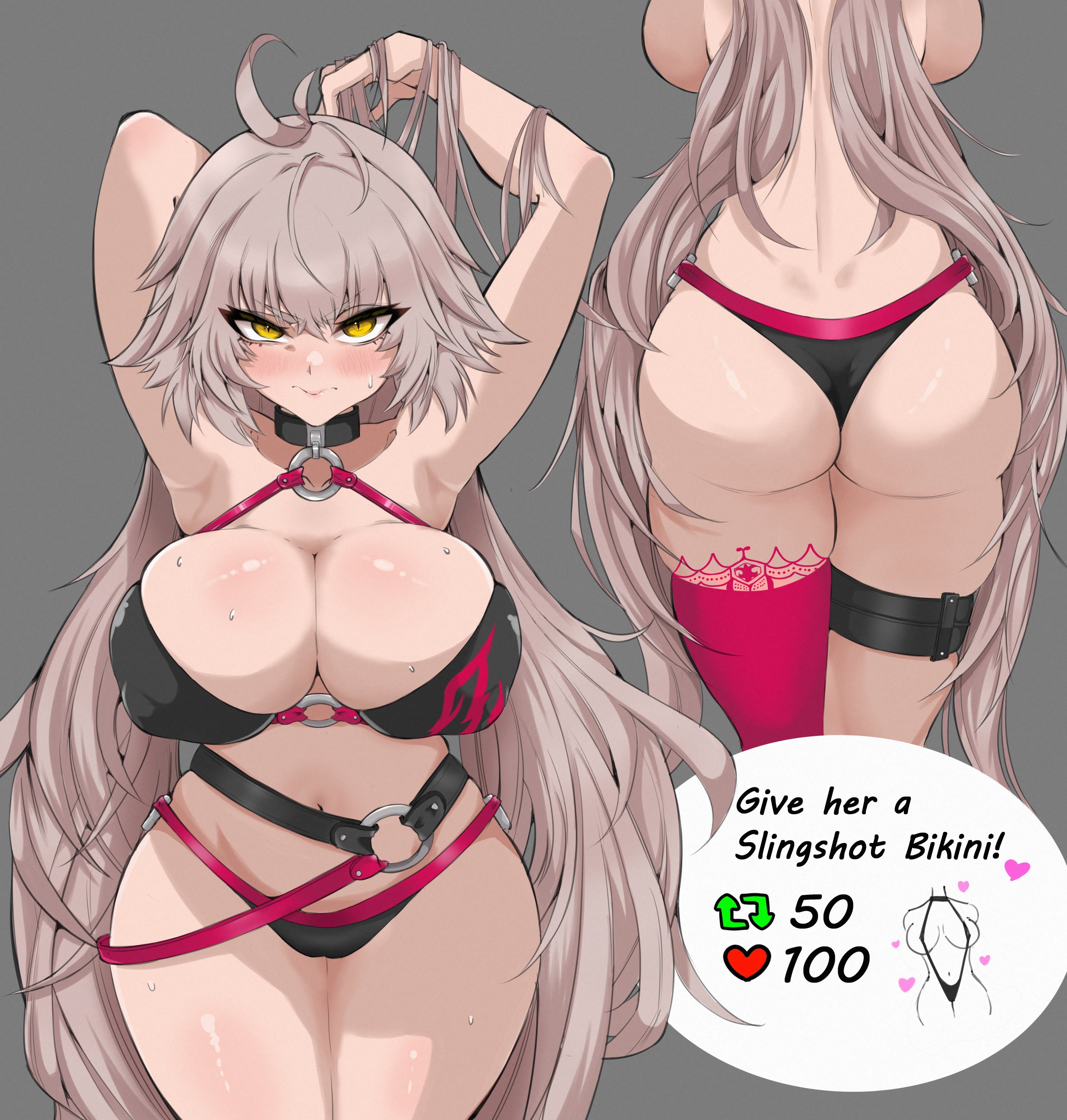 1girls, ass, bikini, blush, breasts, cleavage, fate (series), fate/grand order, female, front and back, gokka, huge ass, huge breasts, jeanne alter, jeanne alter (swimsuit berserker), light skin, light-skinned female, long hair, pale skin, pale-skinned female, white hair, yellow eyes