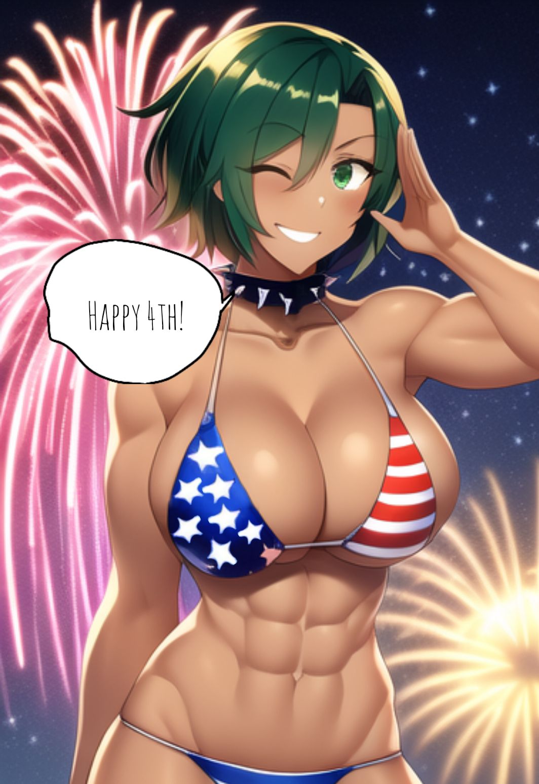 1futa 4th_of_july ai_generated american american_flag_bikini clothed dark_skin fireworks futanari futasub green_eyes green_hair holidays large_breasts morgan_(xdk141) night novelai one_eye_closed pov salute sky spiked_collar xdk141