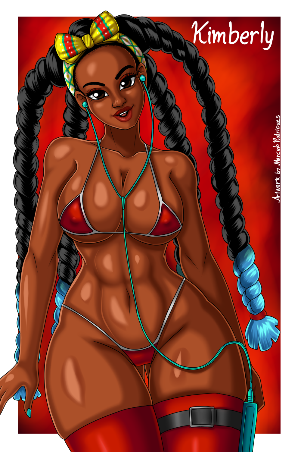 1girls bikini braids dark-skinned_female dark_skin earphones female female_only kimberly_jackson rodriguesd-marcelo solo street_fighter street_fighter_6 wide_hips