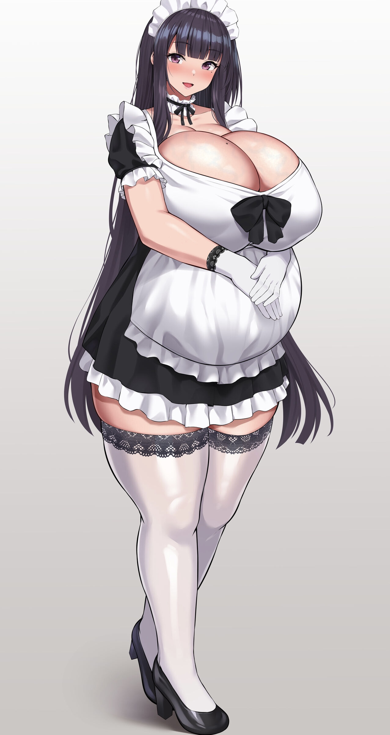1girls, ass, big ass, big breasts, big butt, breasts, female, looking at viewer, maid, maternity clothes, maternity dress, ponchi (menchi0925), pregnant, solo